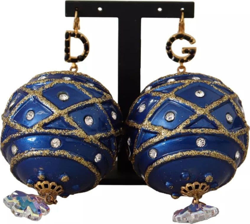 Dolce & Gabbana Gold Brass Blue Christmas Ball Crystal Hook Jewelry Earrings - 8