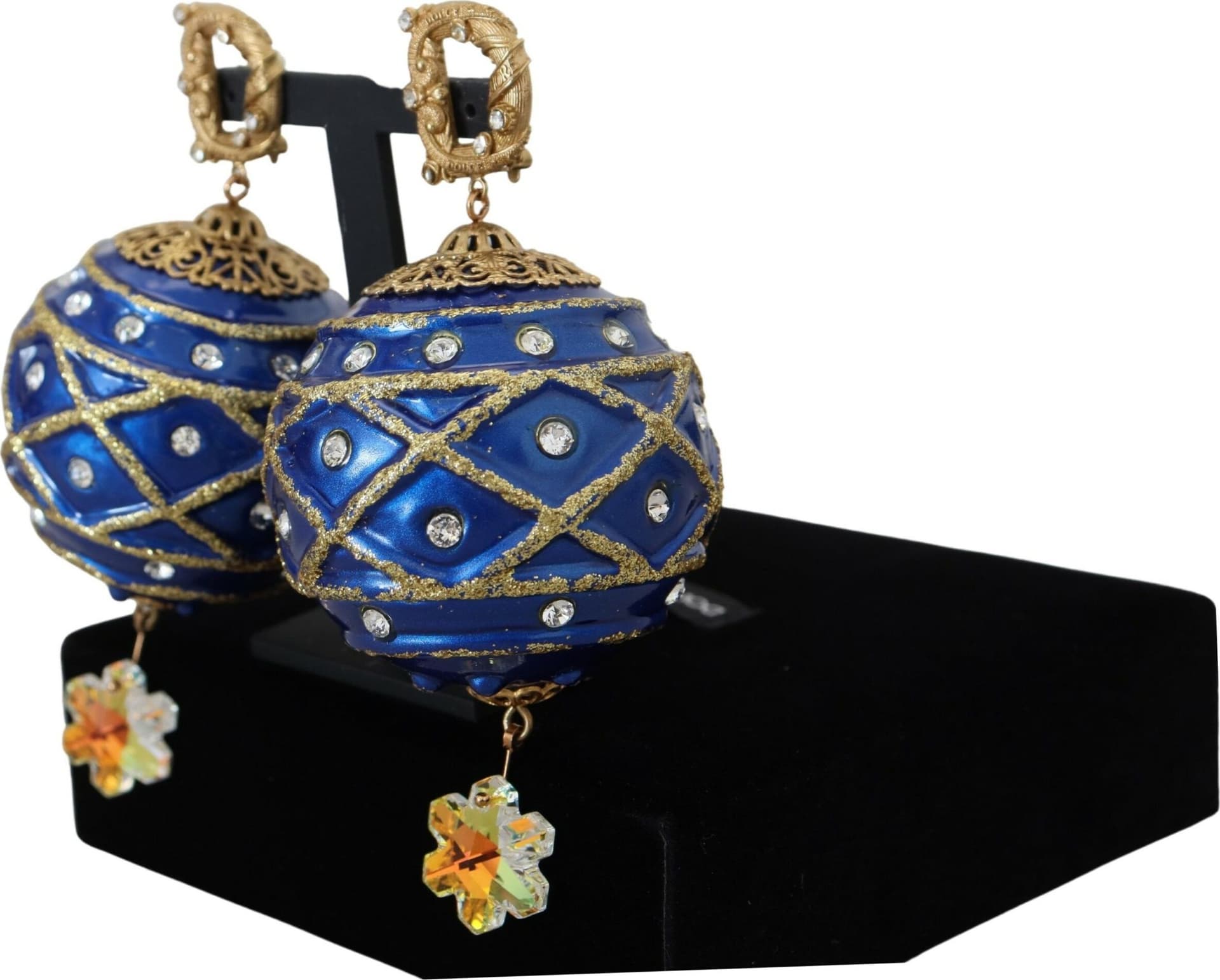 Dolce & Gabbana Gold Brass Blue Dangle Ball Crystal Clip On Earrings - 2