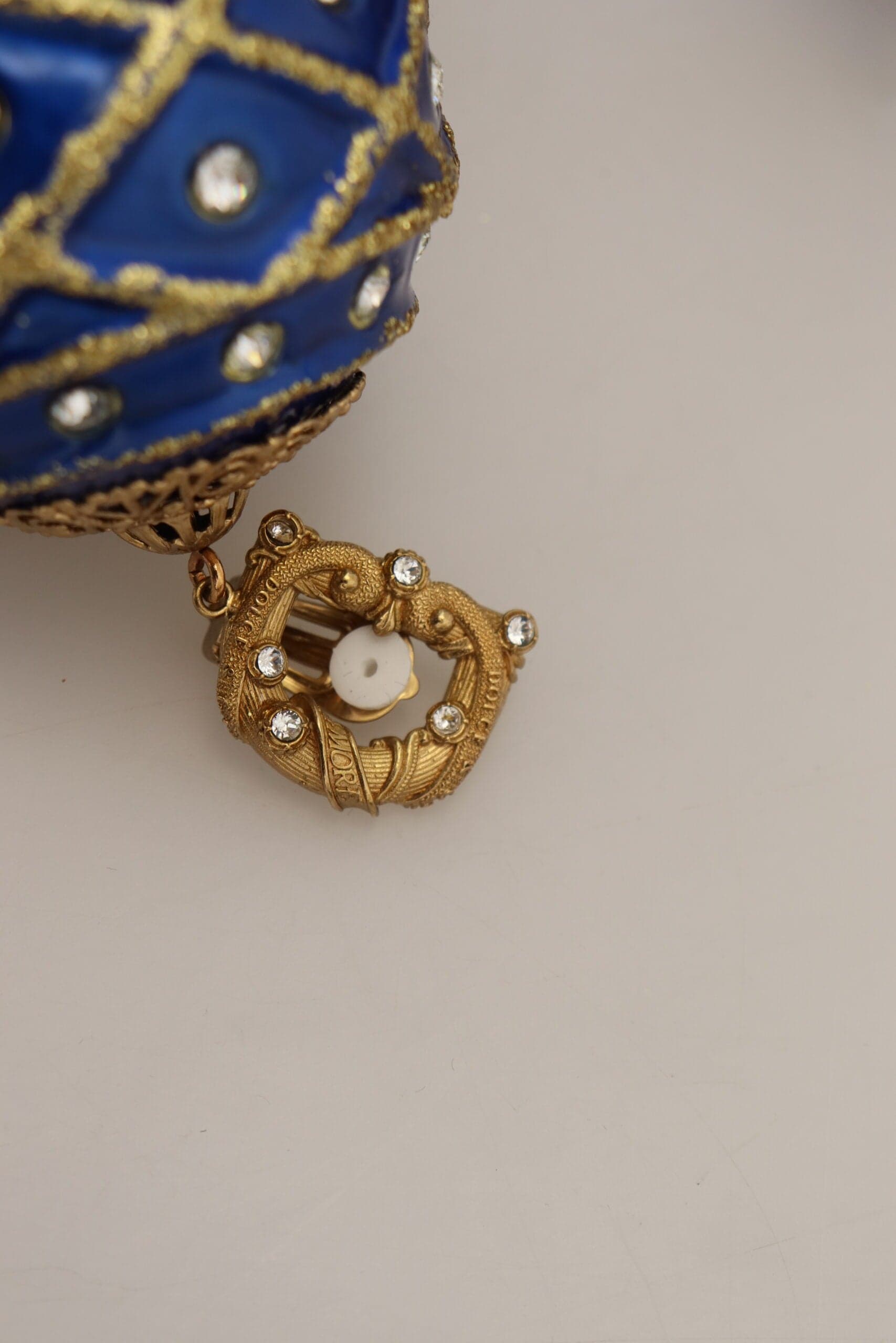 Dolce & Gabbana Gold Brass Blue Dangle Ball Crystal Clip On Earrings - 6