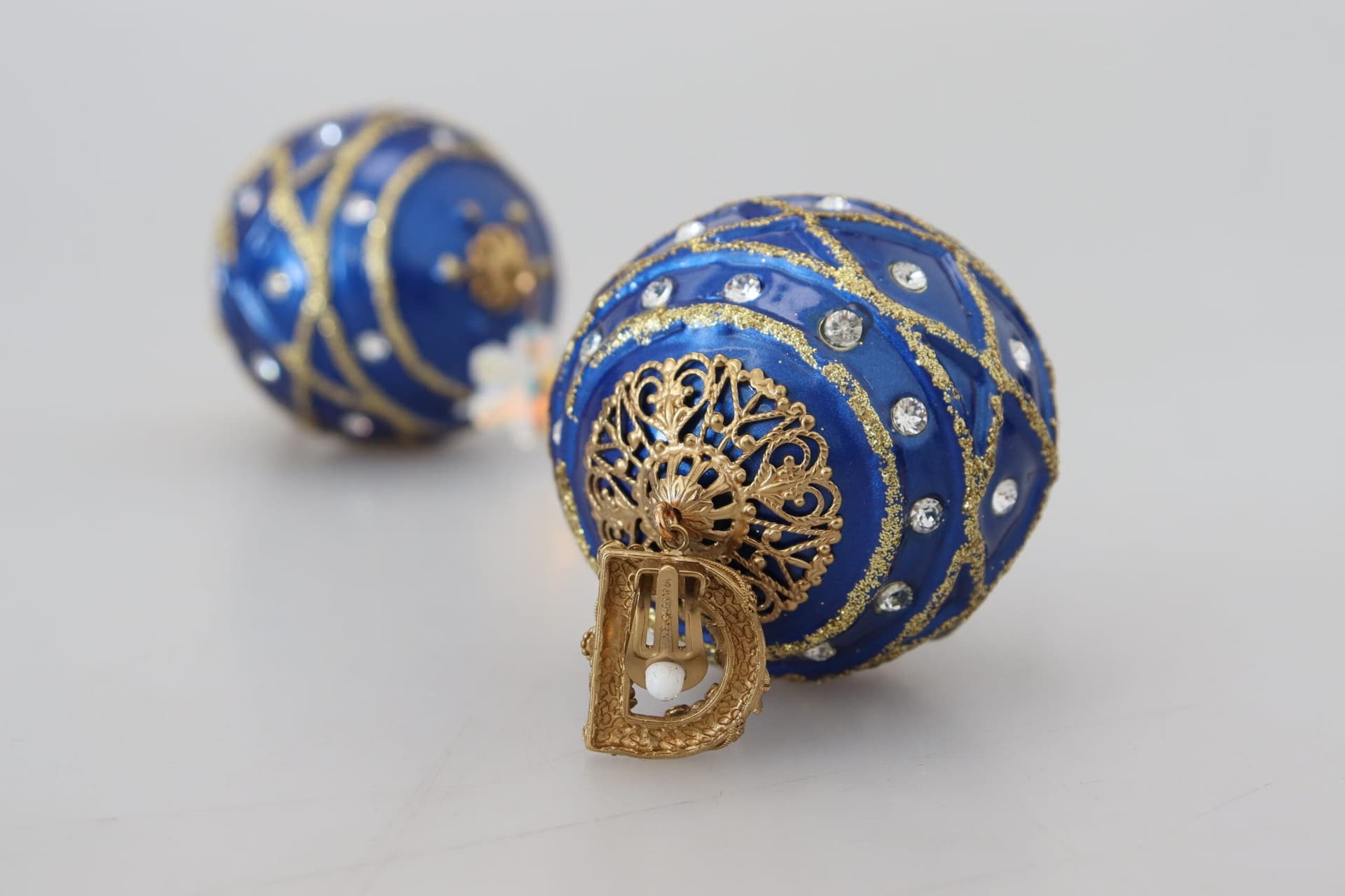 Dolce & Gabbana Gold Brass Blue Dangle Ball Crystal Clip On Earrings - 8