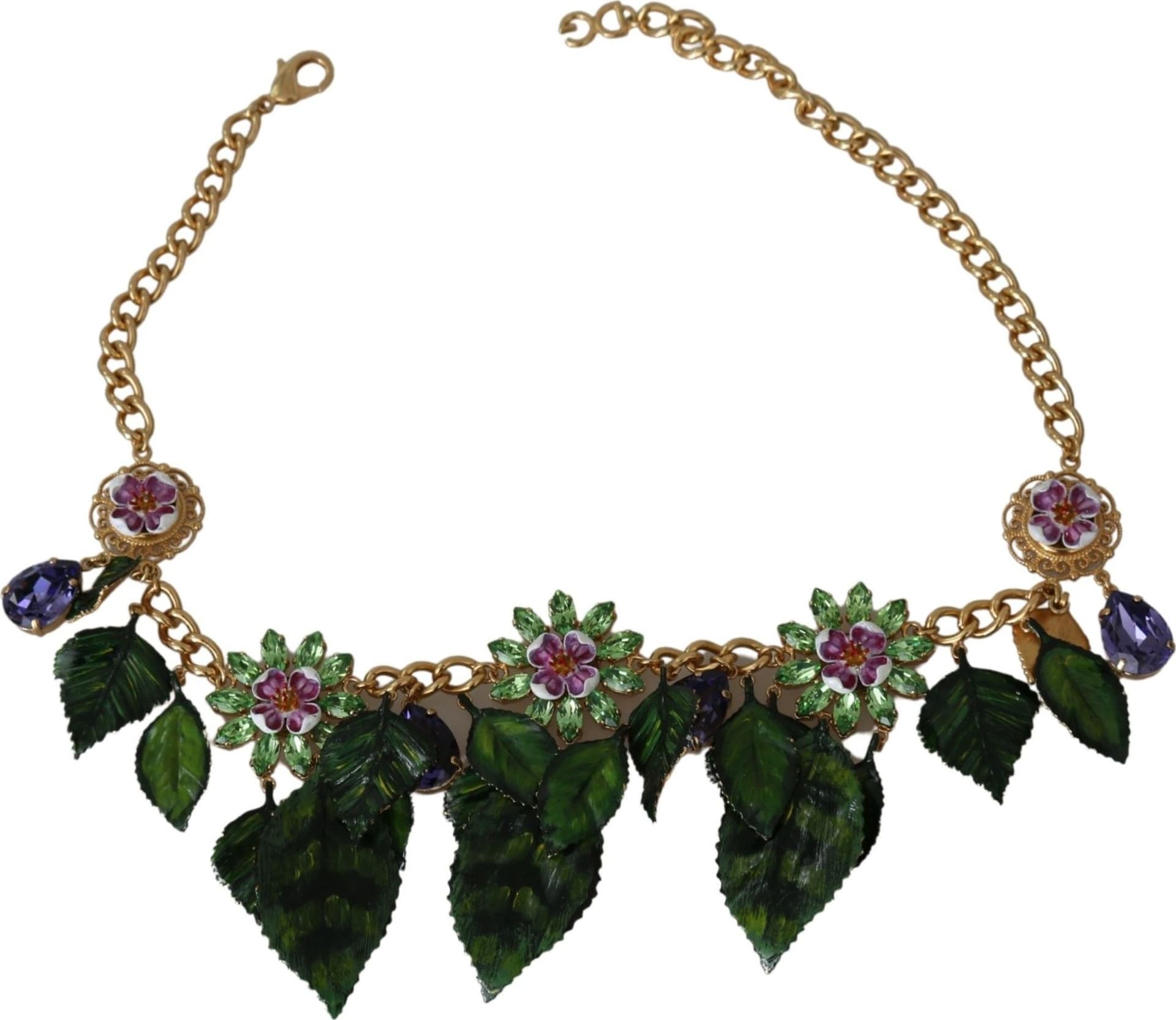 Dolce & Gabbana Green Leaves Gold Brass Crystal Flower Pendant Necklace - 2