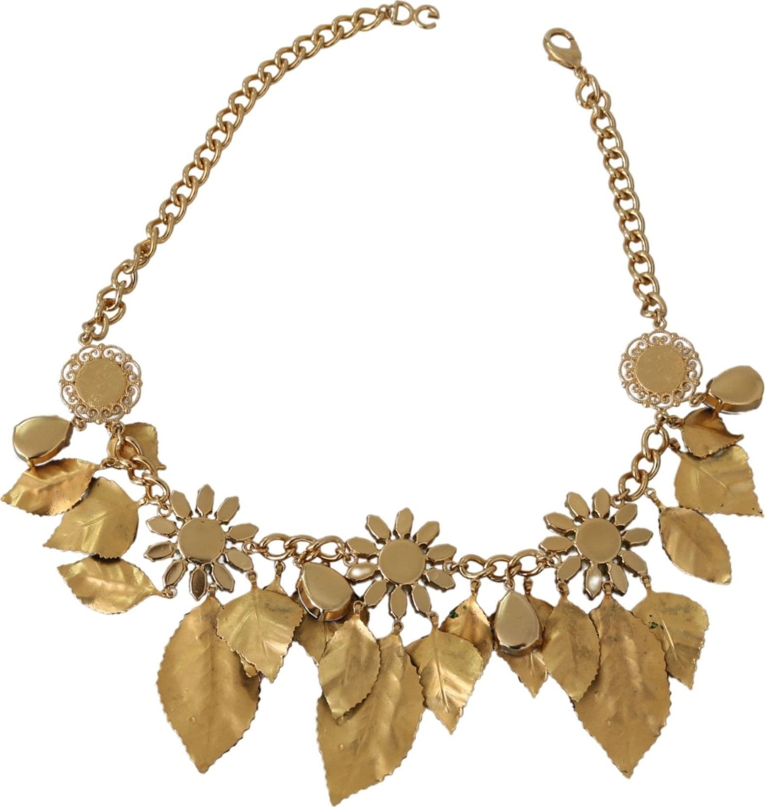 Dolce & Gabbana Green Leaves Gold Brass Crystal Flower Pendant Necklace - 3