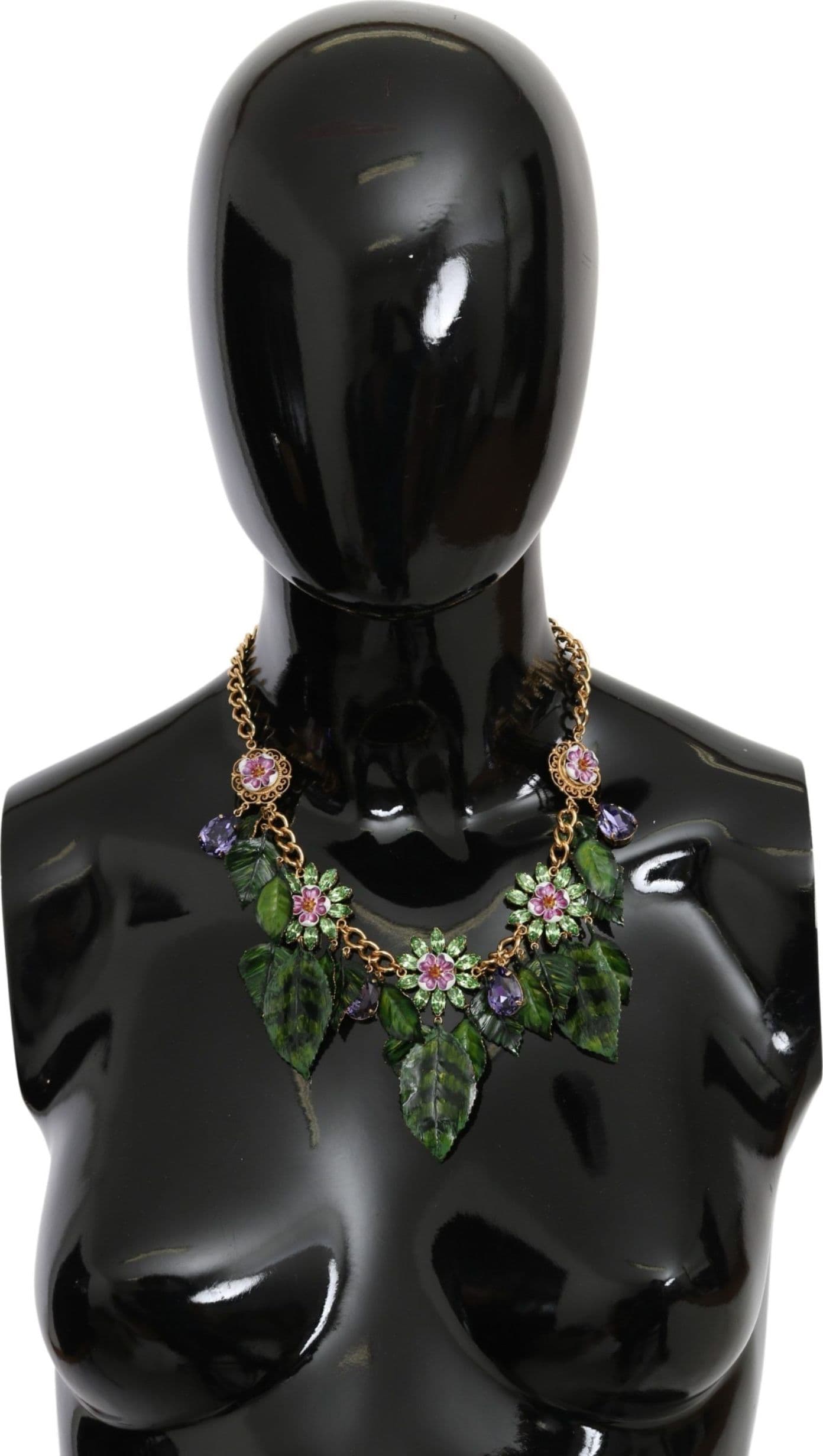 Dolce & Gabbana Green Leaves Gold Brass Crystal Flower Pendant Necklace - 4