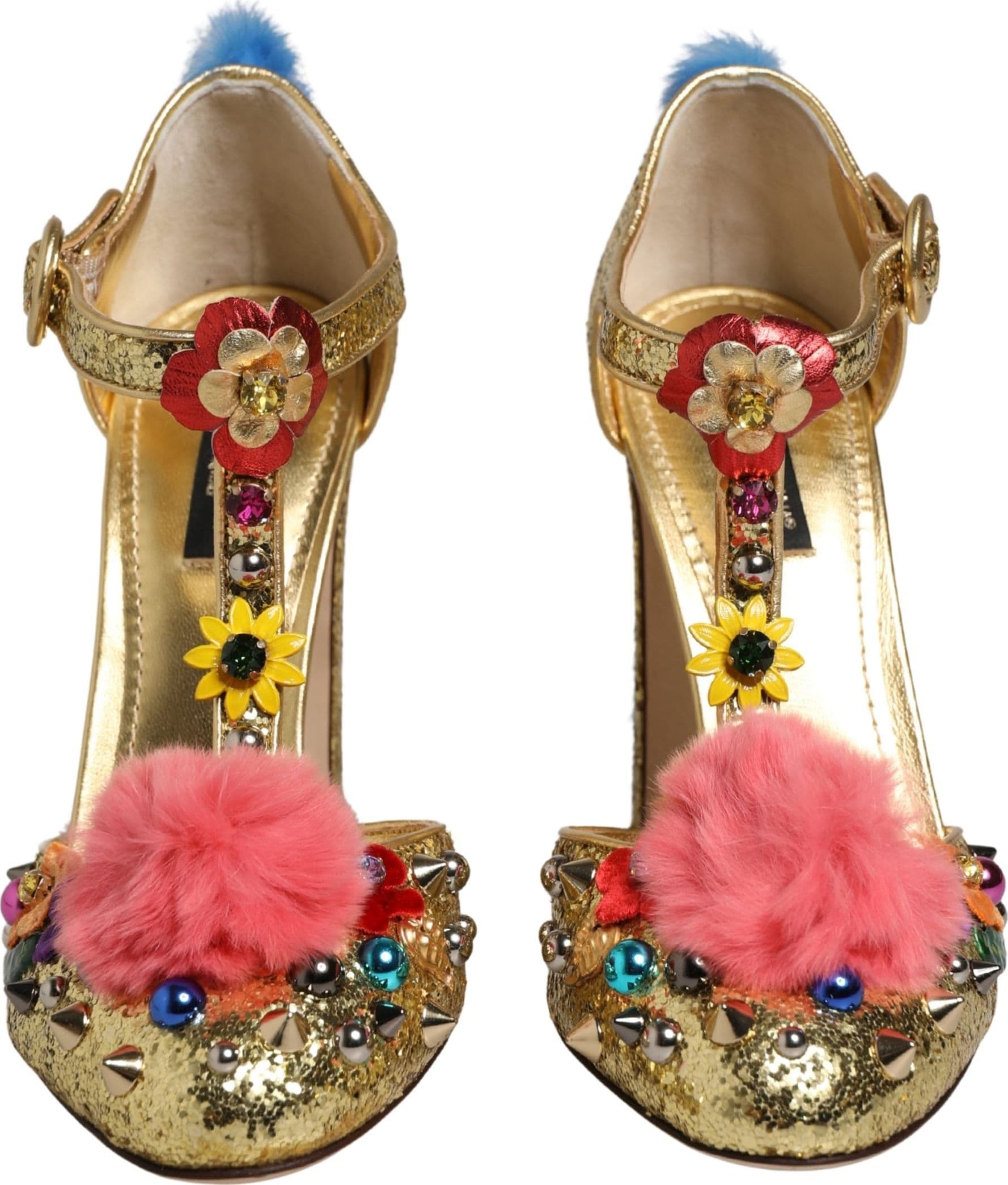 Dolce & Gabbana Gold Fur Trim Glitter T-strap Sandals Shoes - 2