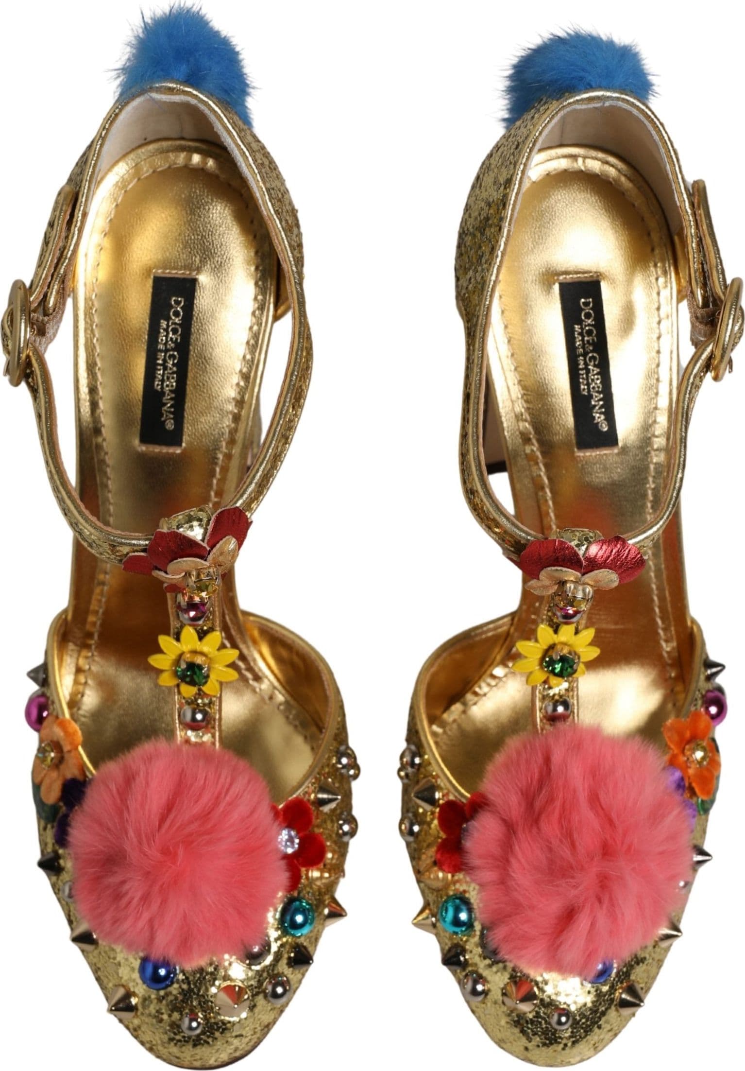 Dolce & Gabbana Gold Fur Trim Glitter T-strap Sandals Shoes - 3