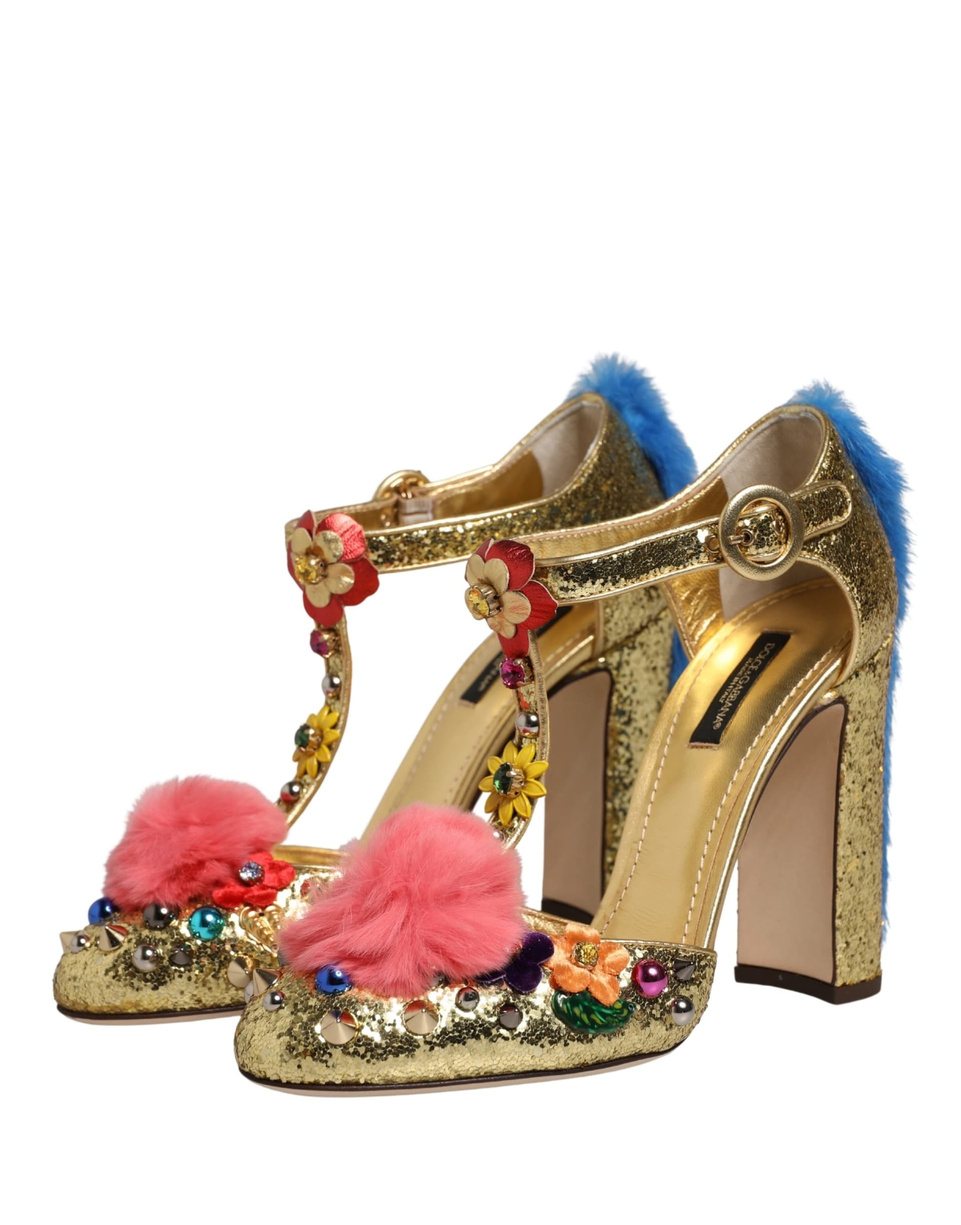 Dolce & Gabbana Gold Fur Trim Glitter T-strap Sandals Shoes - 4