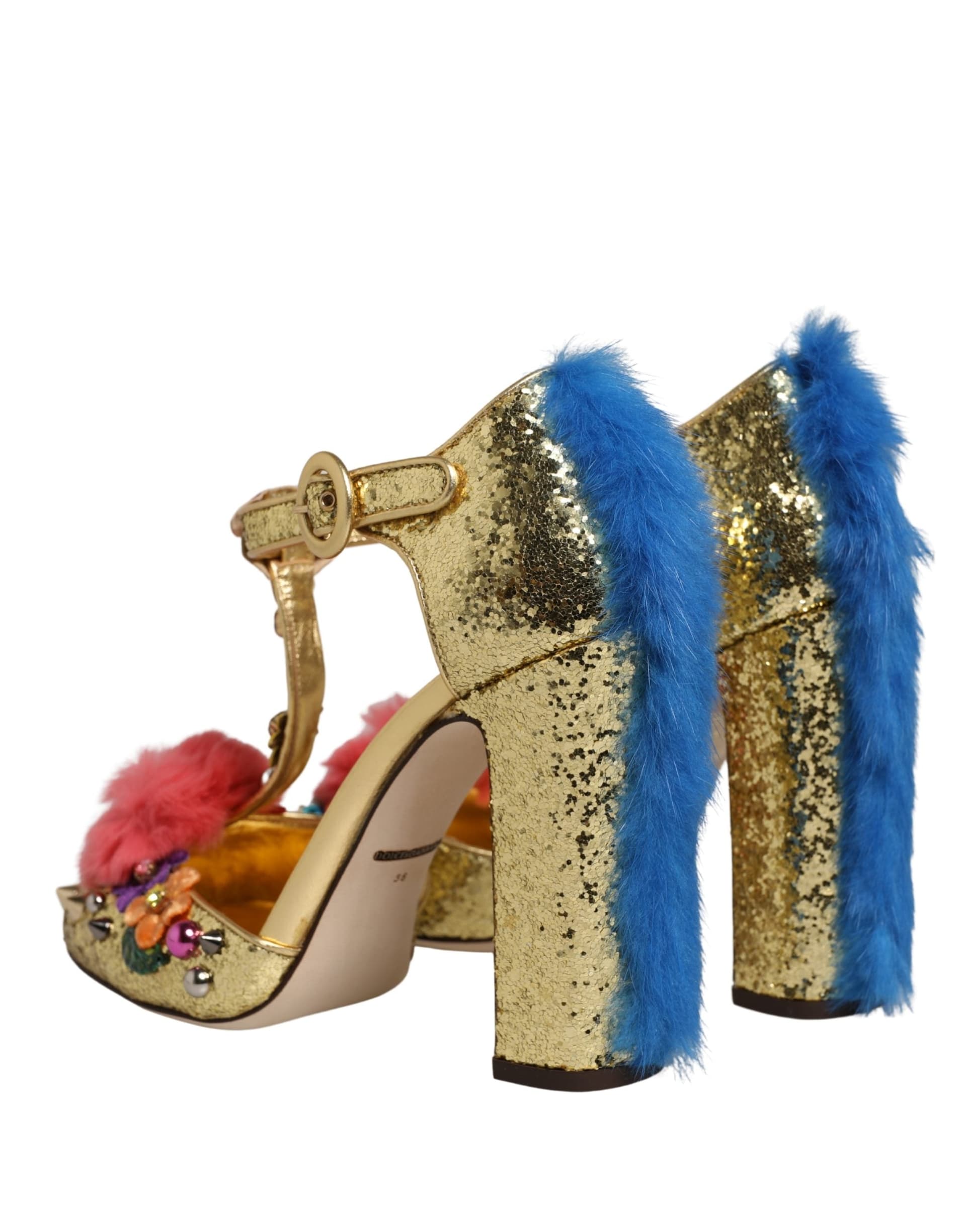 Dolce & Gabbana Gold Fur Trim Glitter T-strap Sandals Shoes - 5