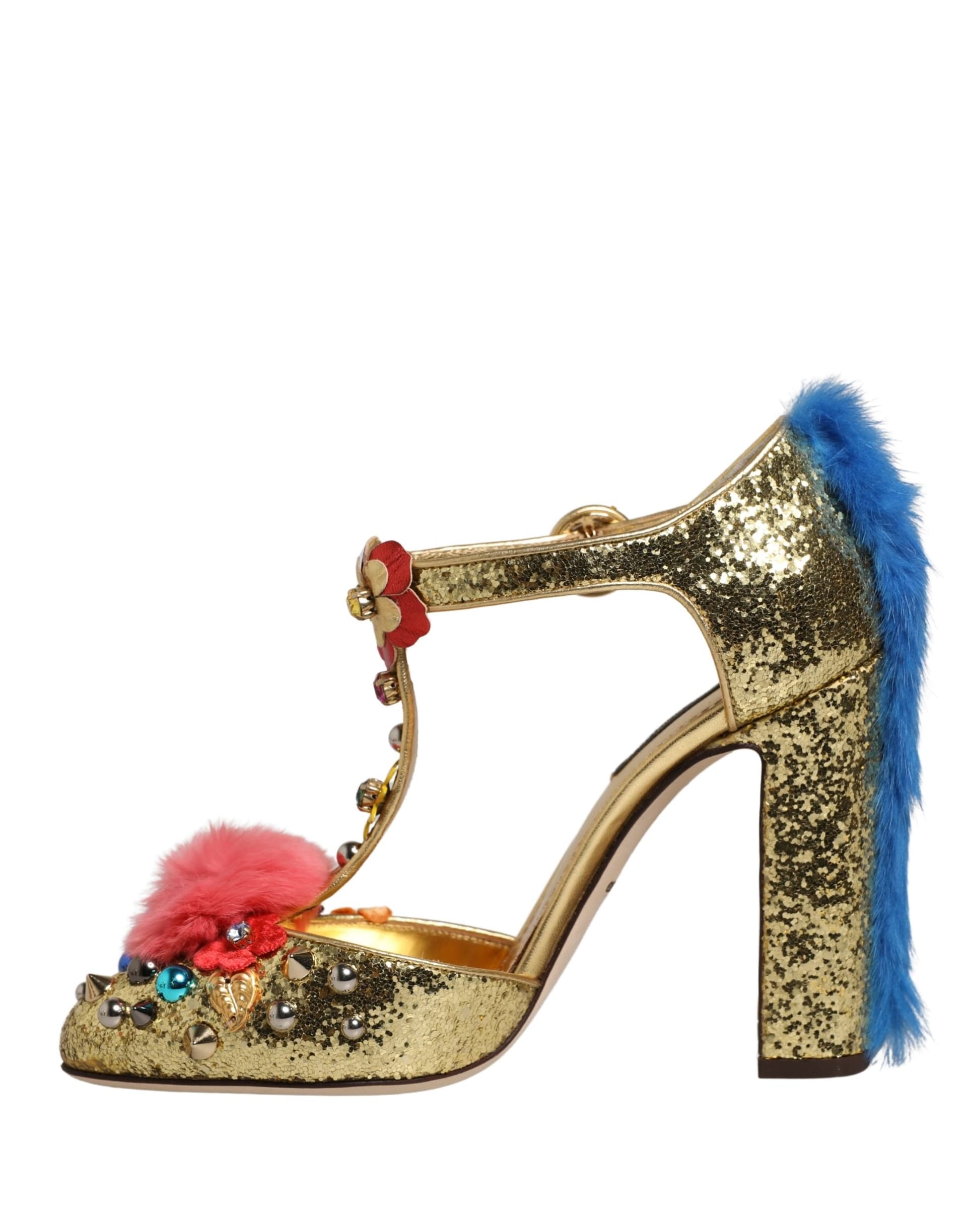 Dolce & Gabbana Gold Fur Trim Glitter T-strap Sandals Shoes - 6