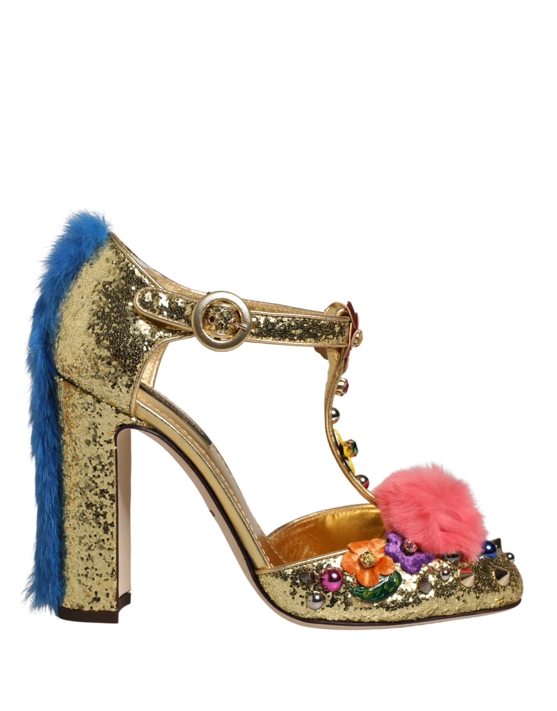 Dolce & Gabbana Gold Fur Trim Glitter T-strap Sandals Shoes - 7