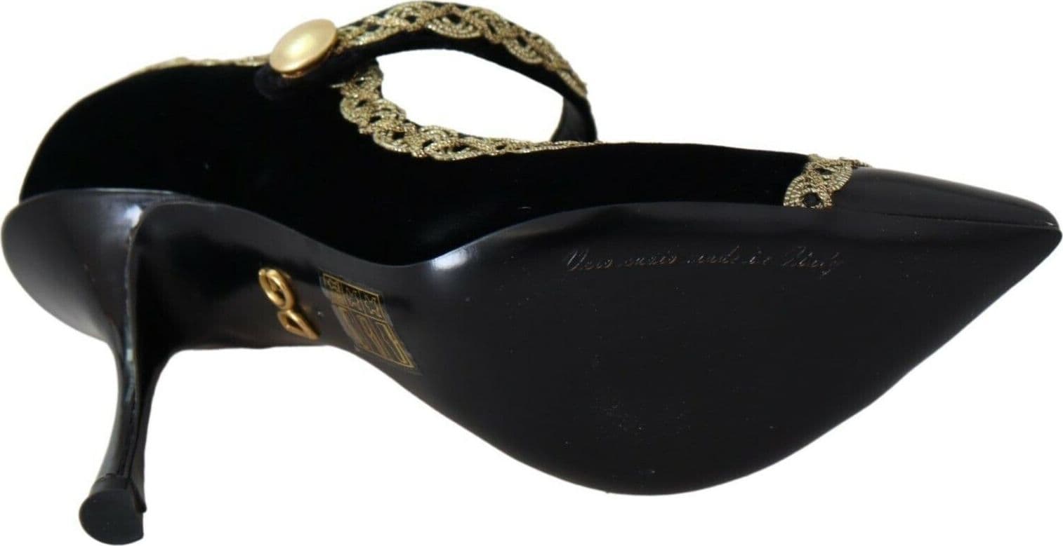 Dolce & Gabbana Black Embellished Velvet Mary Jane Pumps Shoes - 3