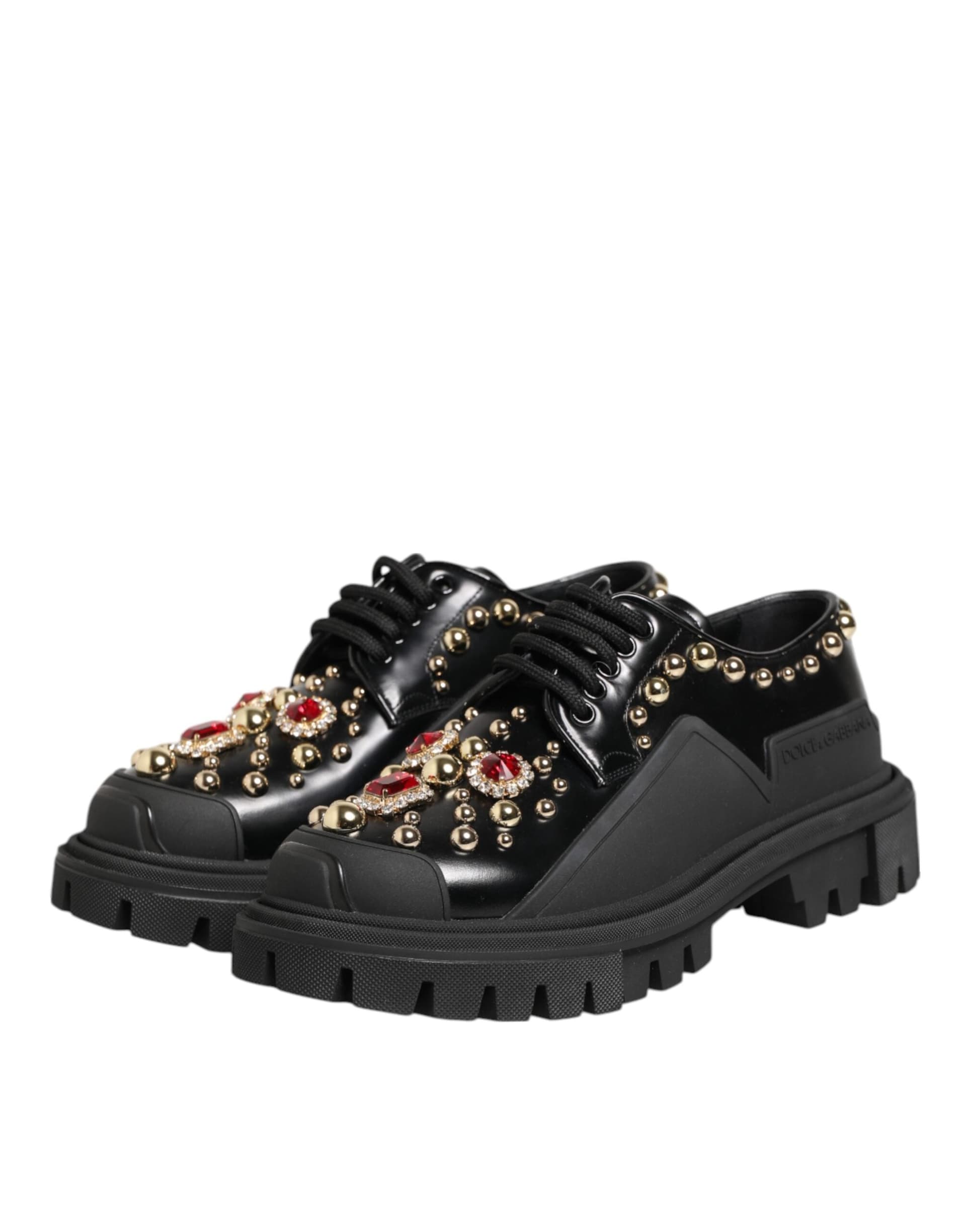 Dolce & Gabbana Black Leather Jeweled Crystals Derby Shoes - 3