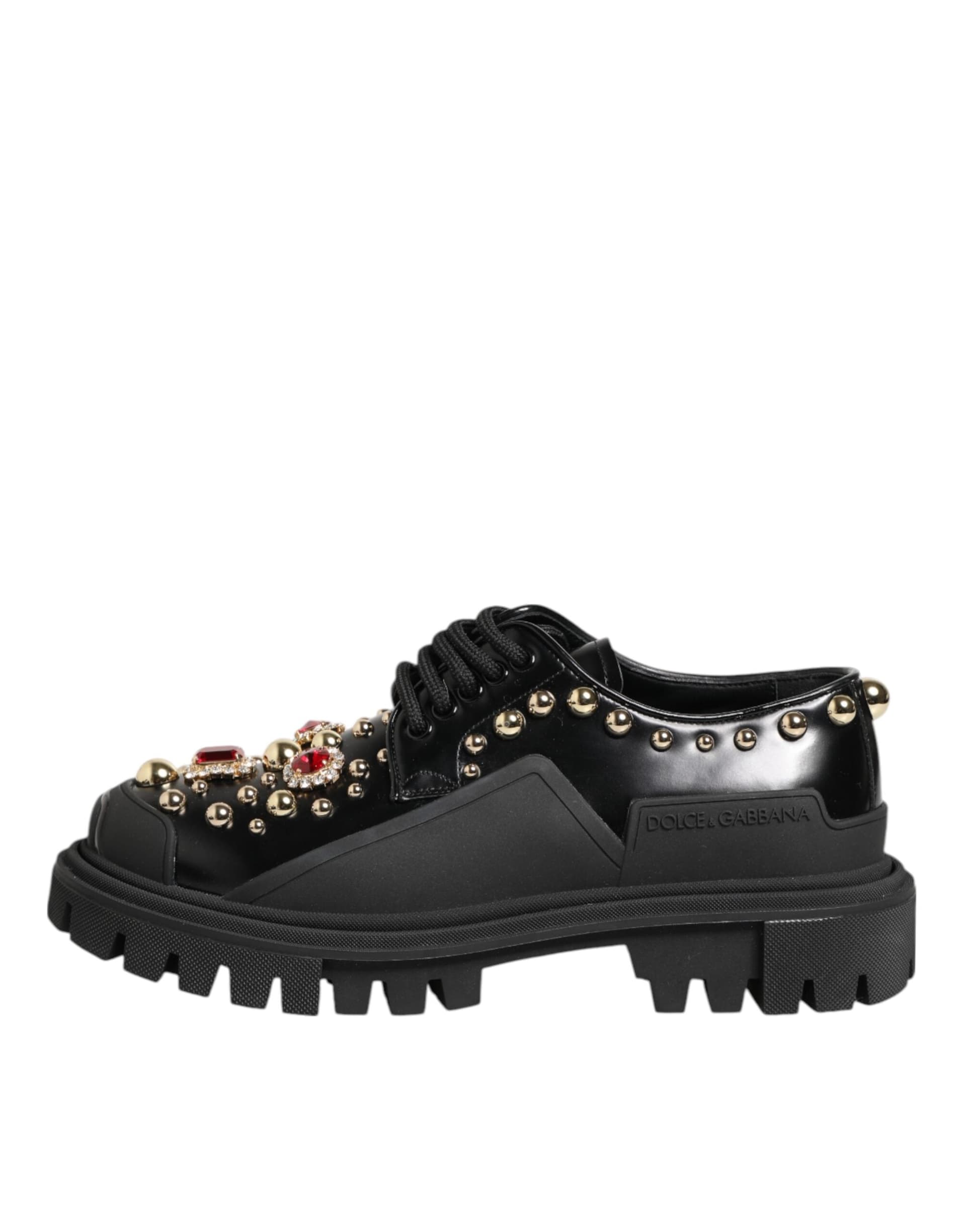 Dolce & Gabbana Black Leather Jeweled Crystals Derby Shoes - 5