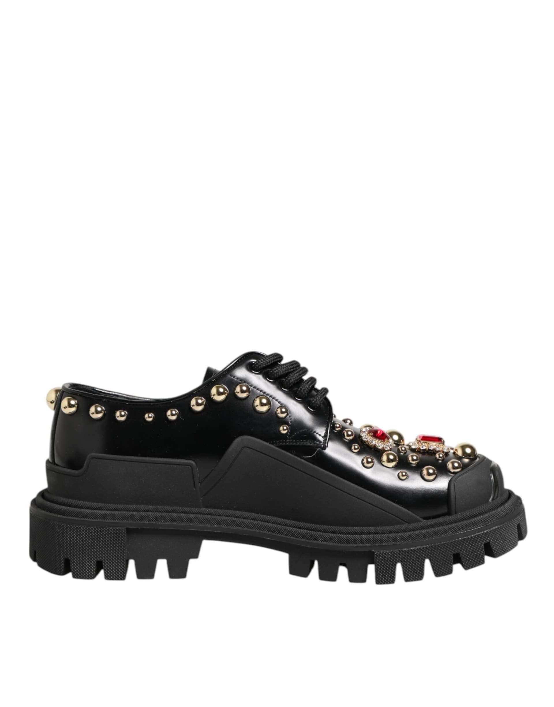 Dolce & Gabbana Black Leather Jeweled Crystals Derby Shoes - 7