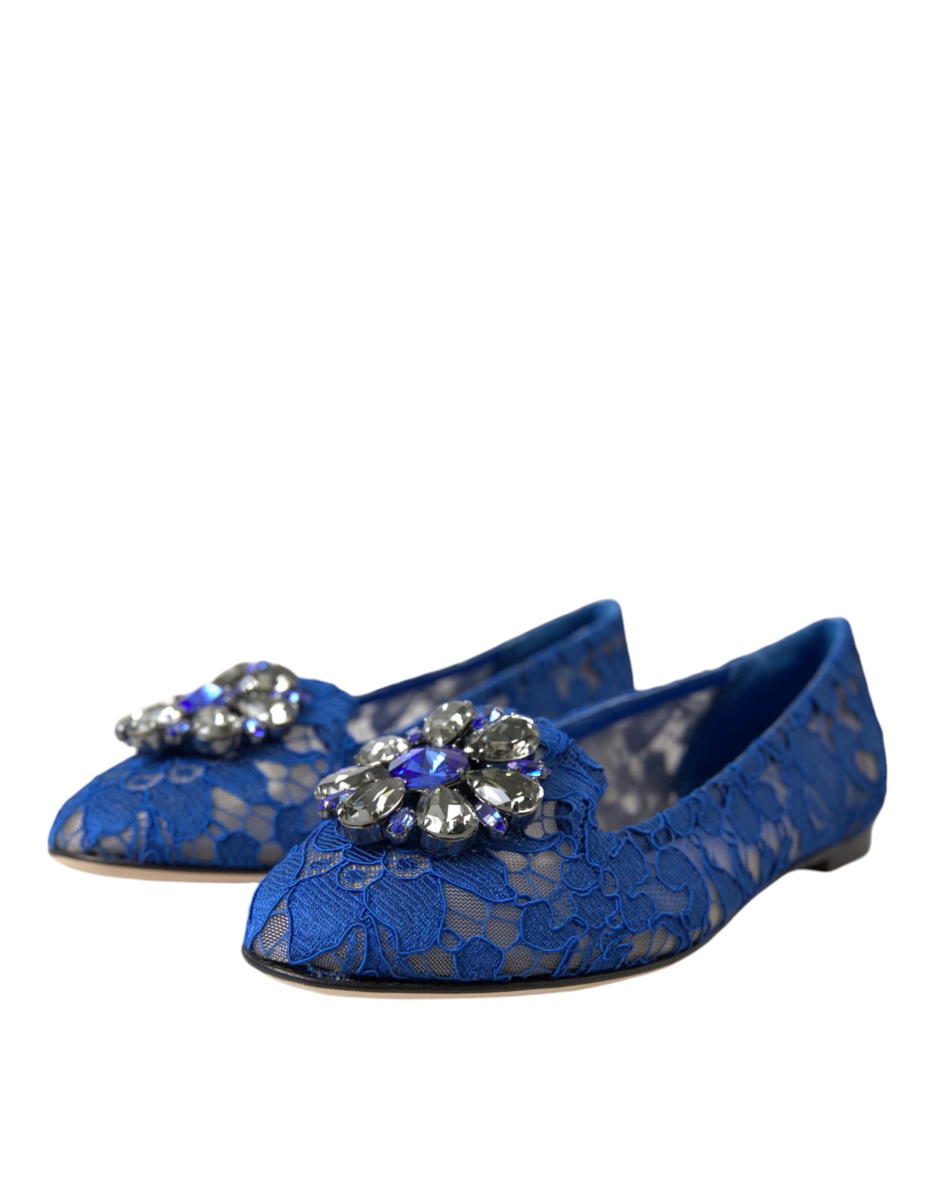 Dolce & Gabbana Blue Lace Crystal Ballet Flats Loafers Shoes - 2