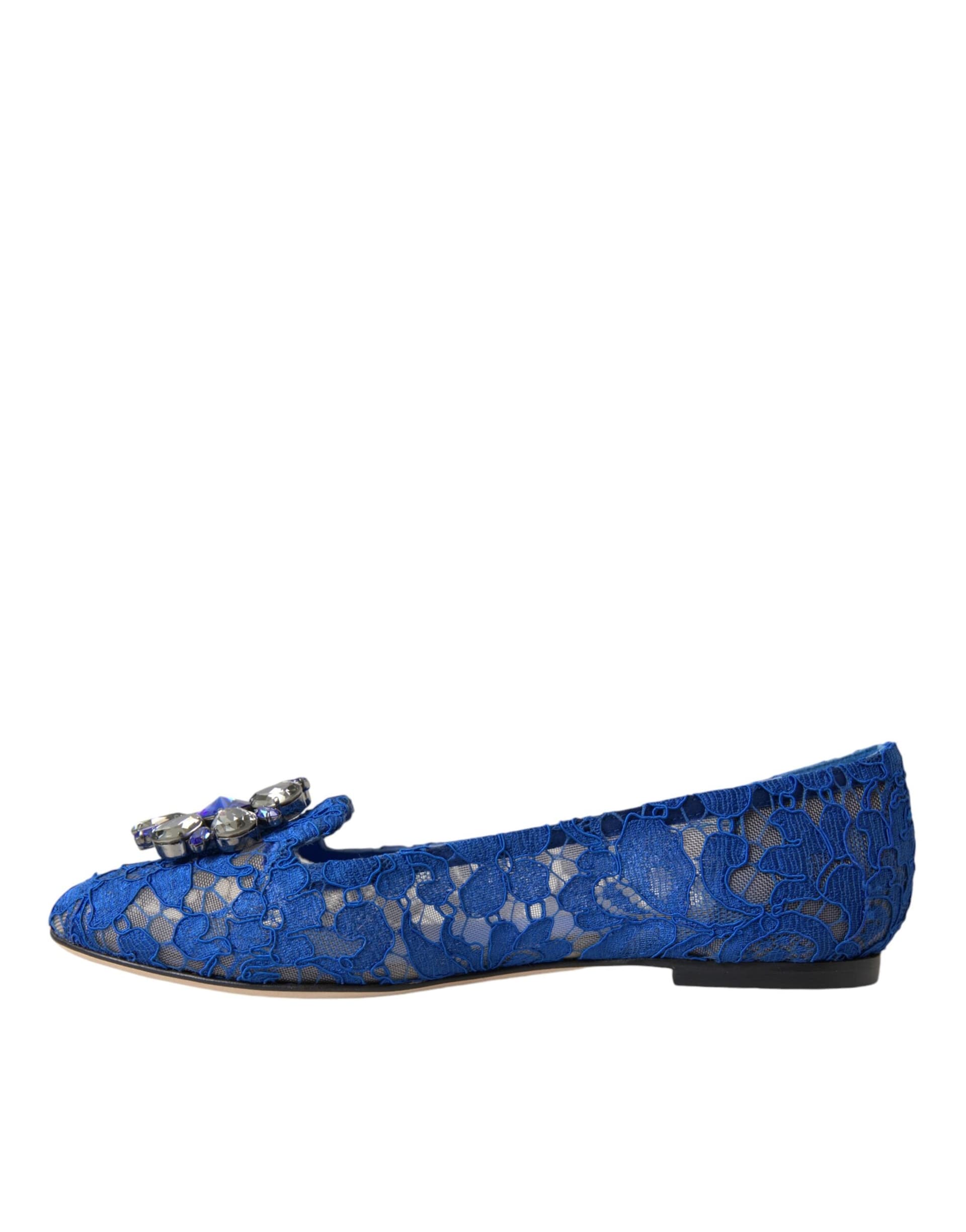 Dolce & Gabbana Blue Lace Crystal Ballet Flats Loafers Shoes - 4
