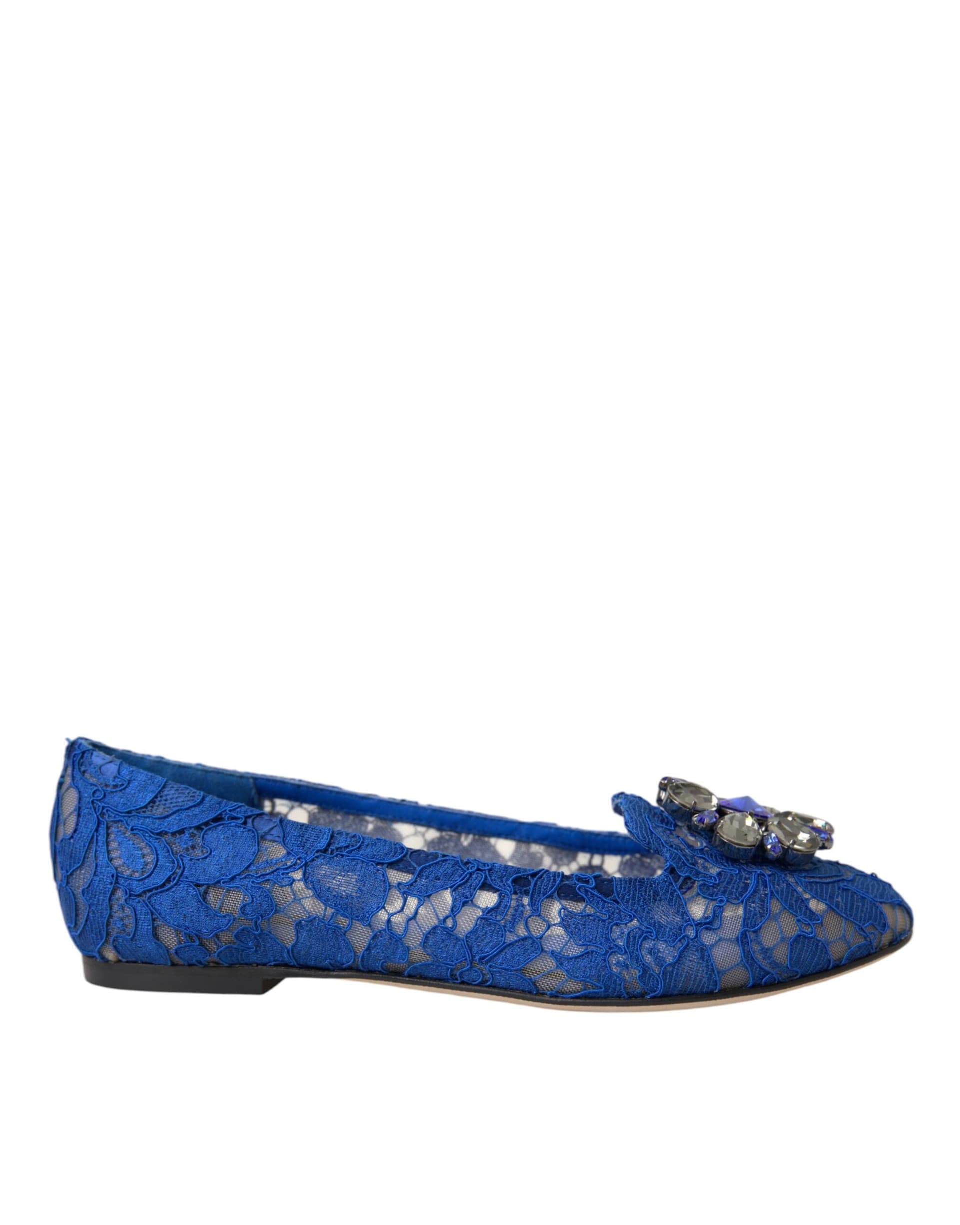 Dolce & Gabbana Blue Lace Crystal Ballet Flats Loafers Shoes - 8