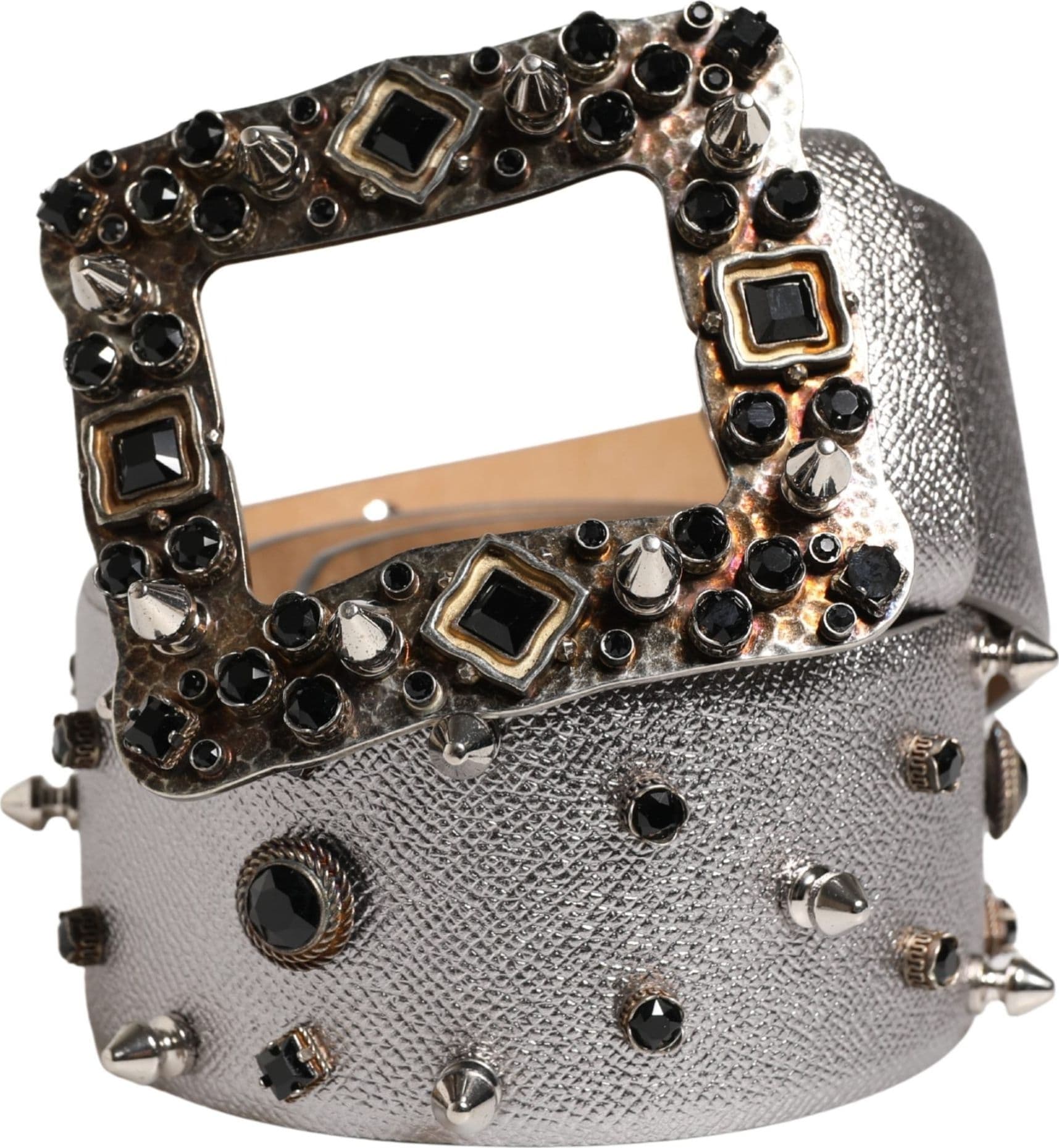 Dolce & Gabbana Silver Leather Crystal Metal Buckle Belt