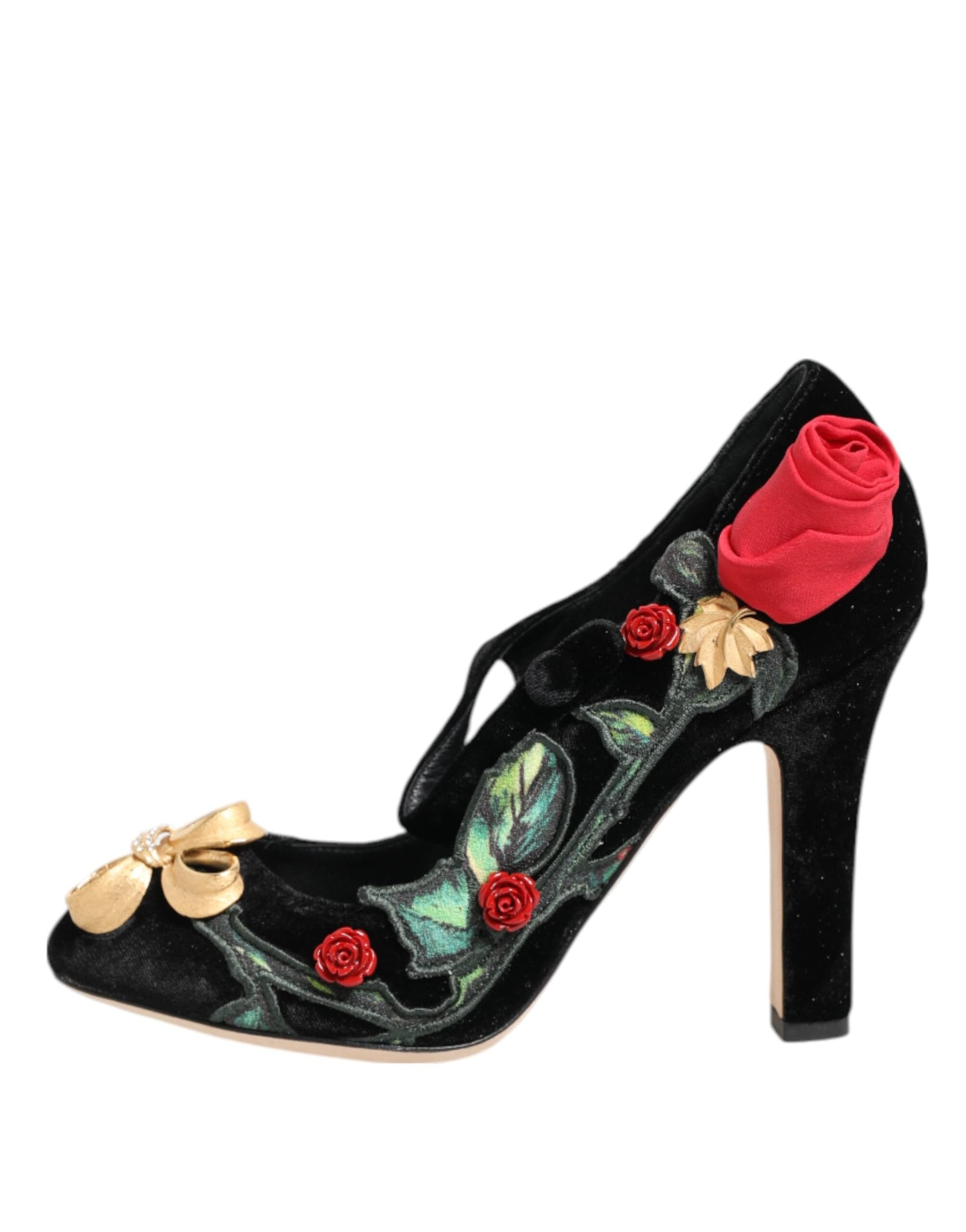 Dolce & Gabbana Black Roses Crystal Brooch Mary Jane Shoes - 5