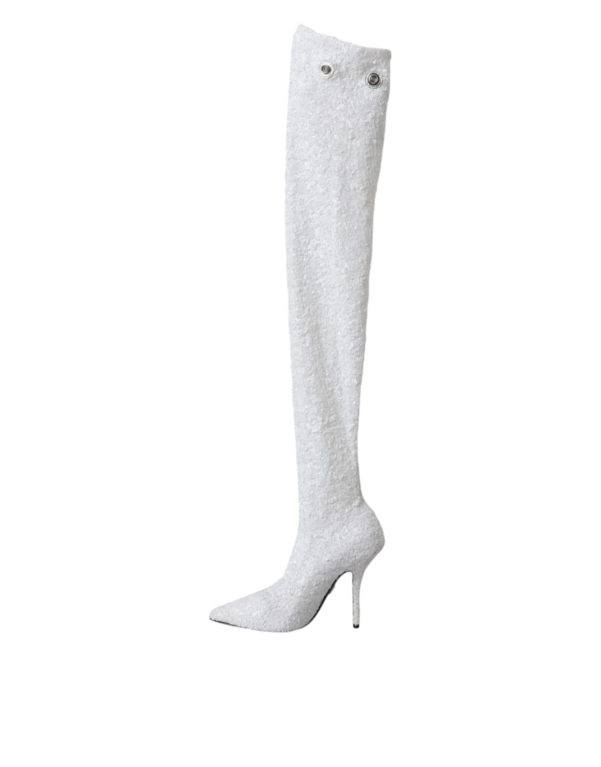 Dolce & Gabbana White Heels Stiletto Knee High Boots Shoes - 3