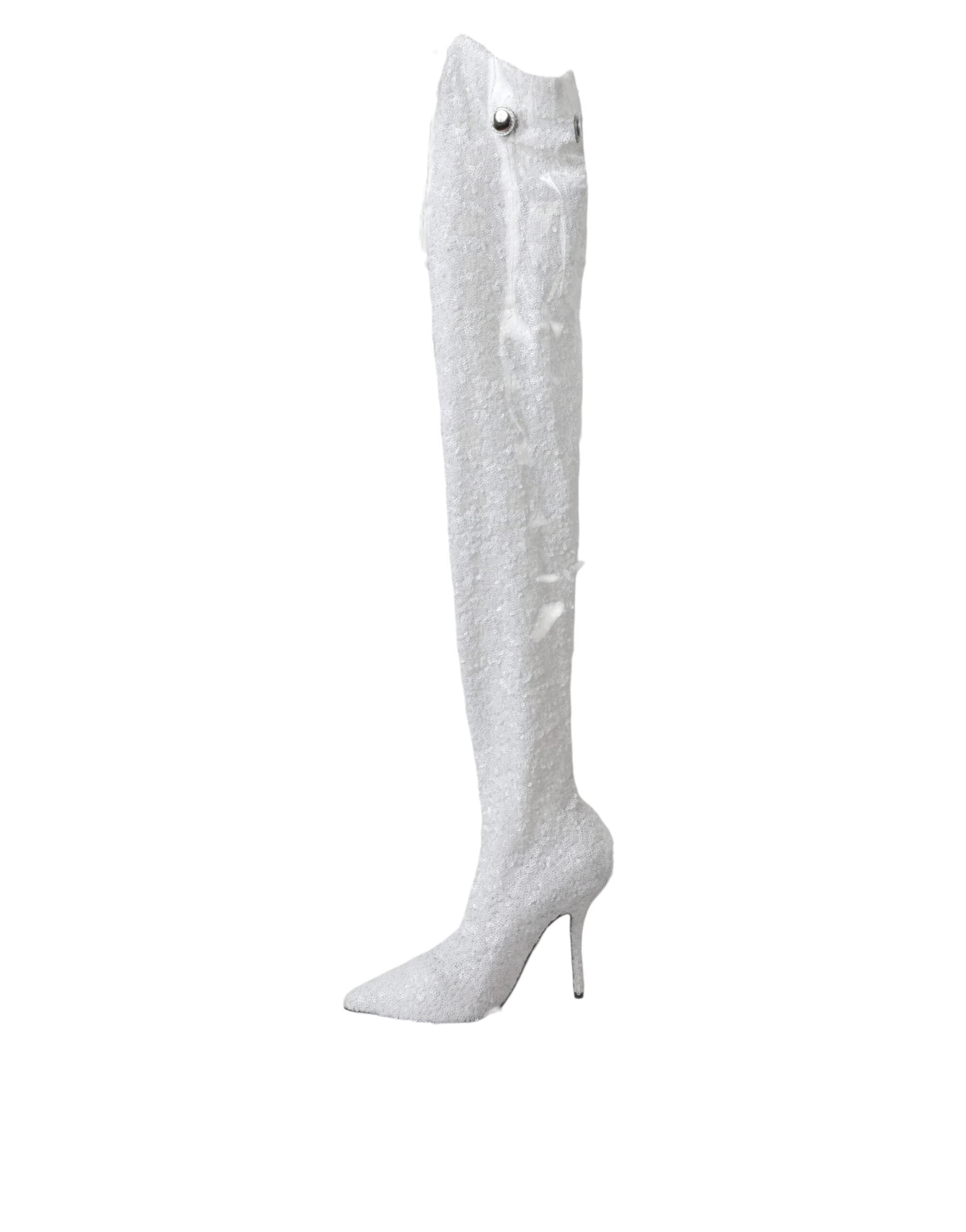 Dolce & Gabbana White Heels Stiletto Knee High Boots Shoes - 5