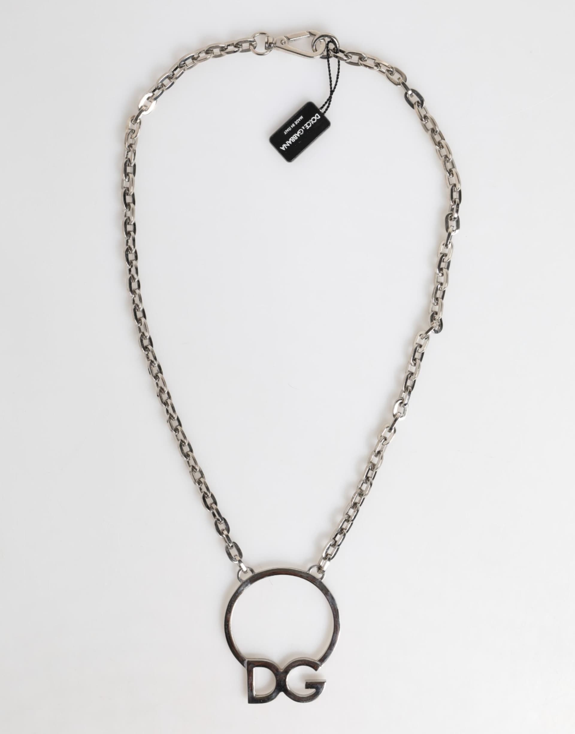 Dolce & Gabbana Silver Tone Brass Chain DG Logo Pendant Men Necklace - 3