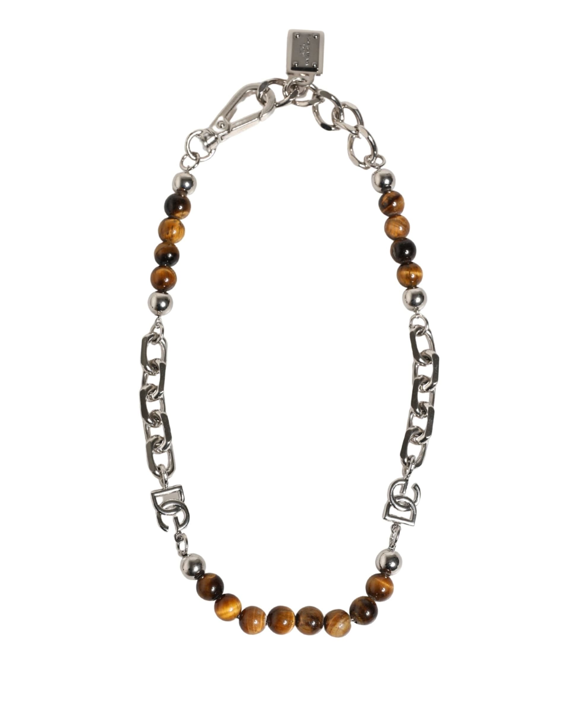 Dolce & Gabbana Silver Tone Brass Chain Beaded Gem DG Logo Bracelet - 2