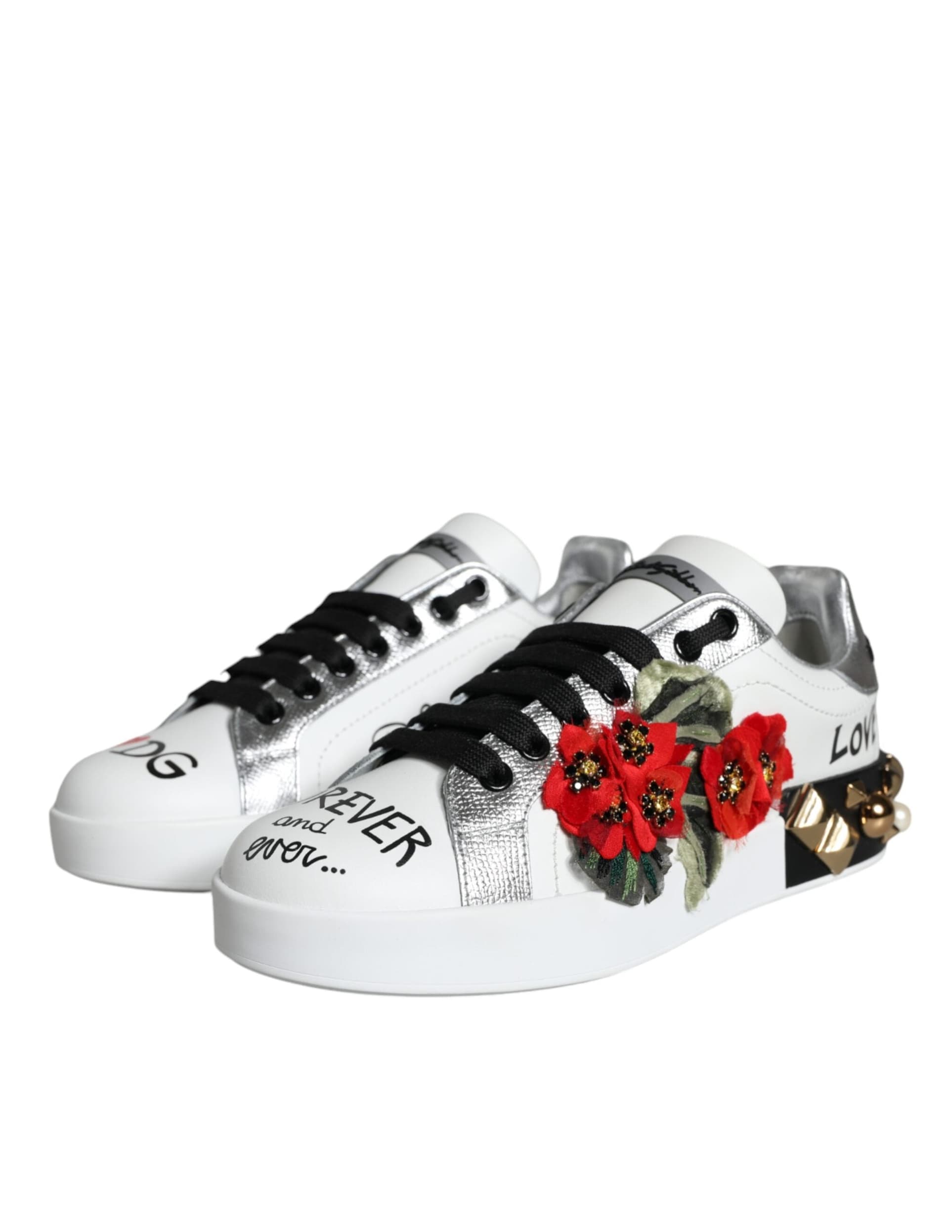 Dolce & Gabbana White Leather Floral Studded Sneakers Shoes - 2