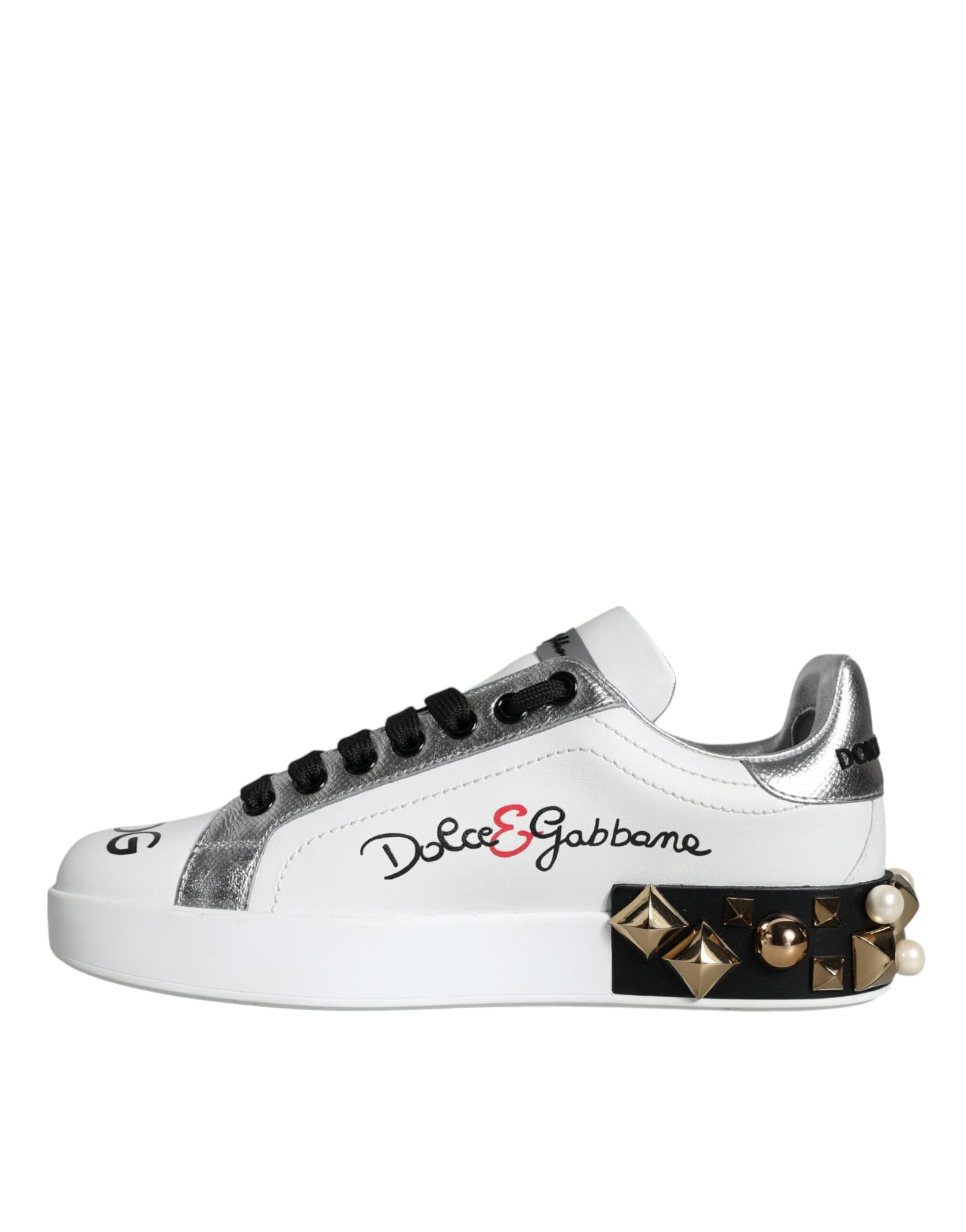 Dolce & Gabbana White Leather Floral Studded Sneakers Shoes - 3
