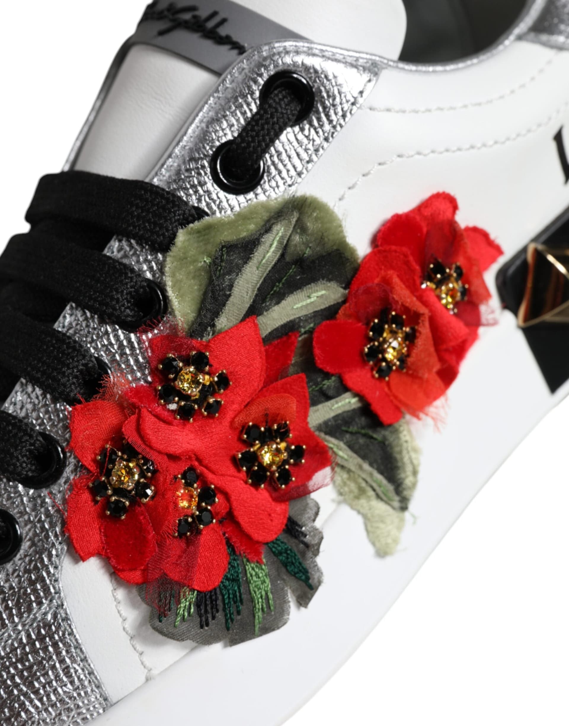 Dolce & Gabbana White Leather Floral Studded Sneakers Shoes - 4