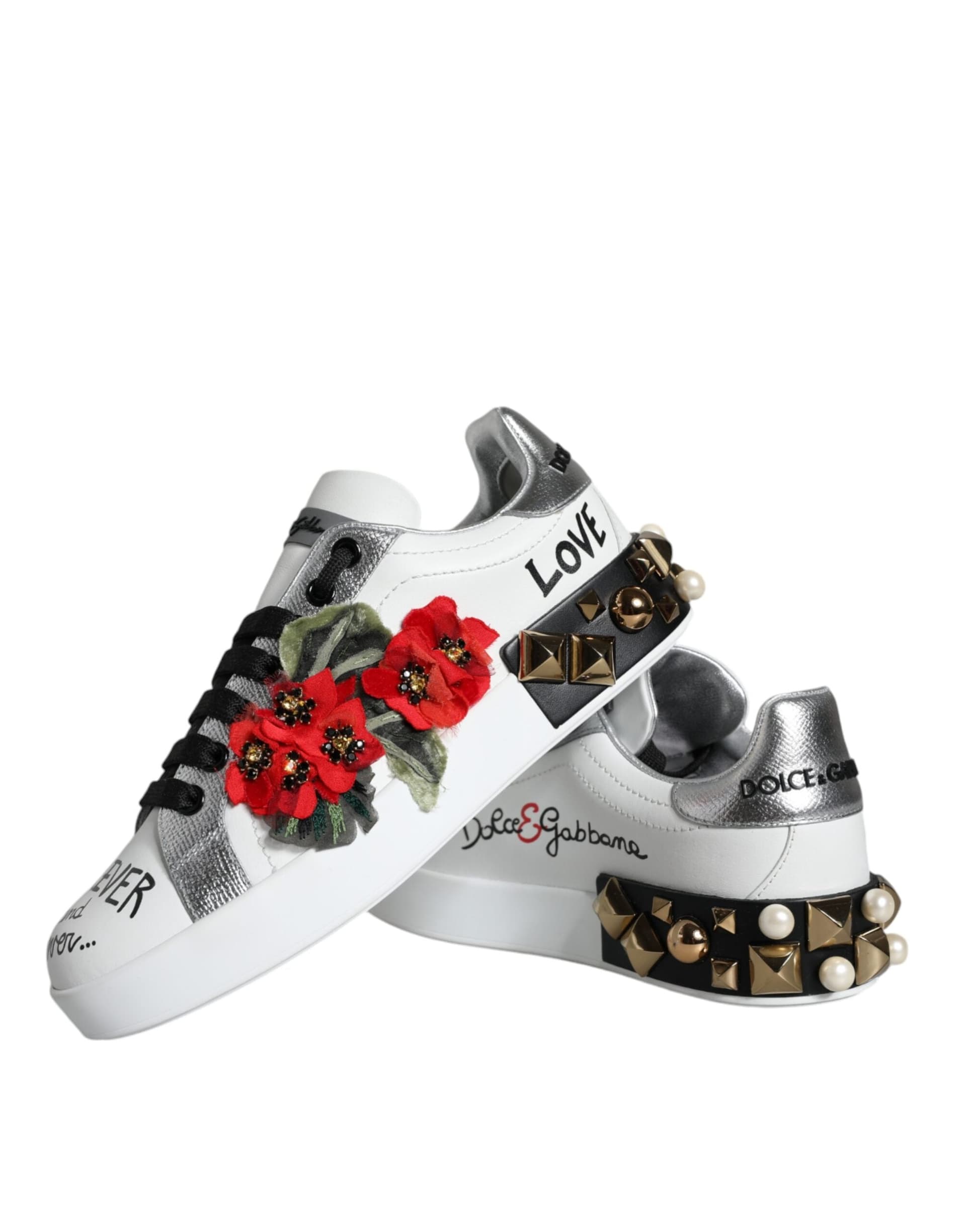 Dolce & Gabbana White Leather Floral Studded Sneakers Shoes - 5