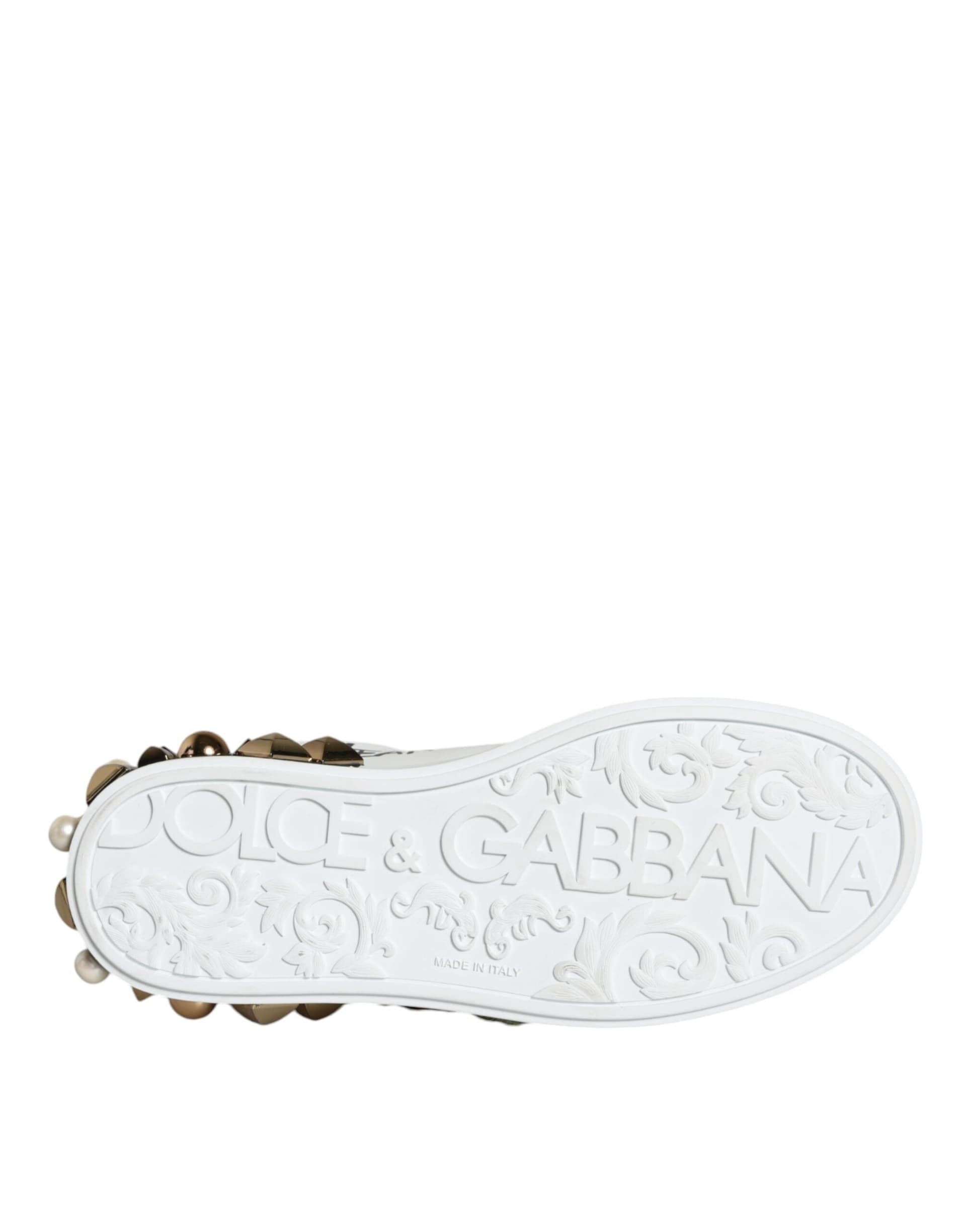 Dolce & Gabbana White Leather Floral Studded Sneakers Shoes - 6