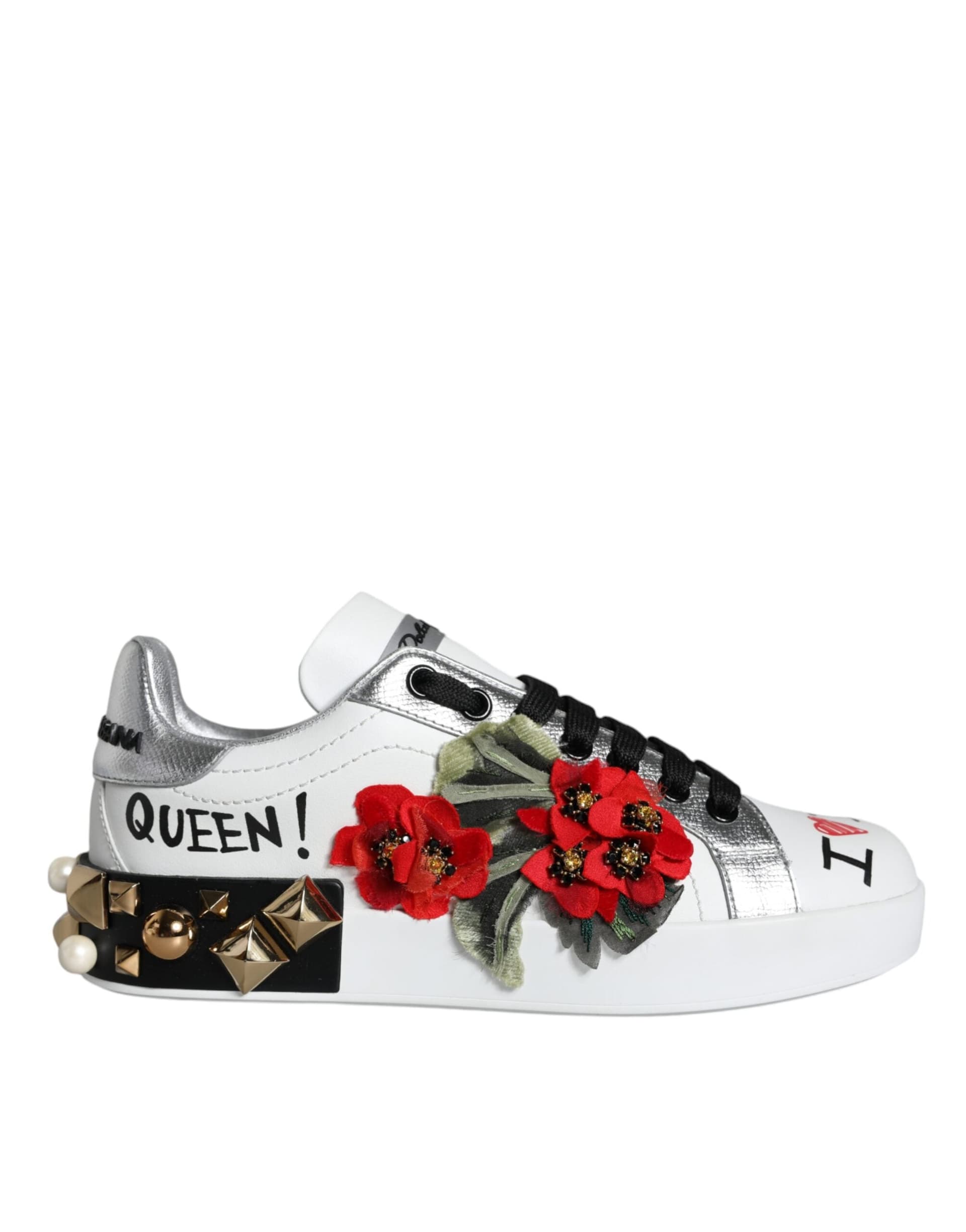 Dolce & Gabbana White Leather Floral Studded Sneakers Shoes - 7