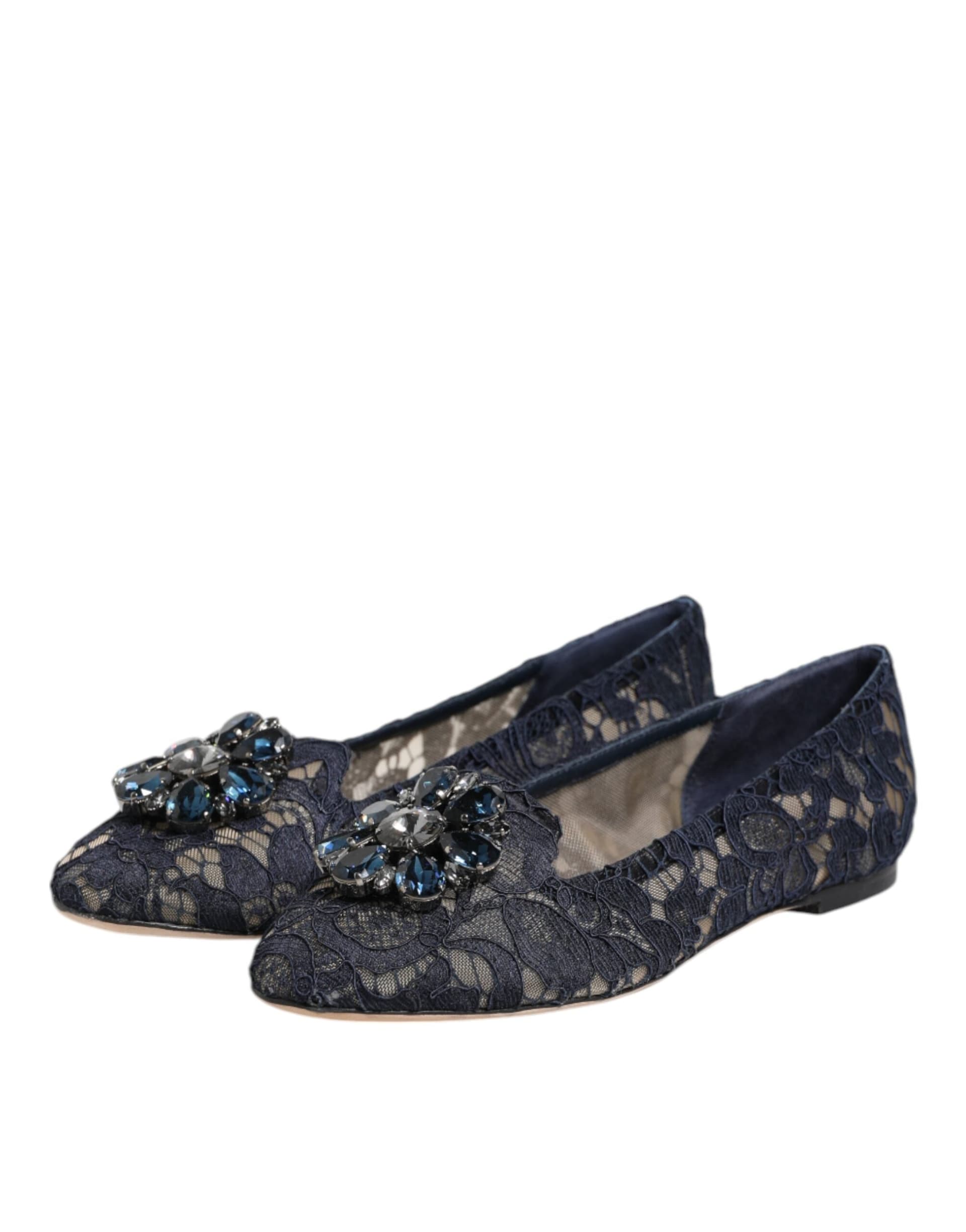 Dolce & Gabbana Blue Taormina Lace Crystals Flats Shoes - 3