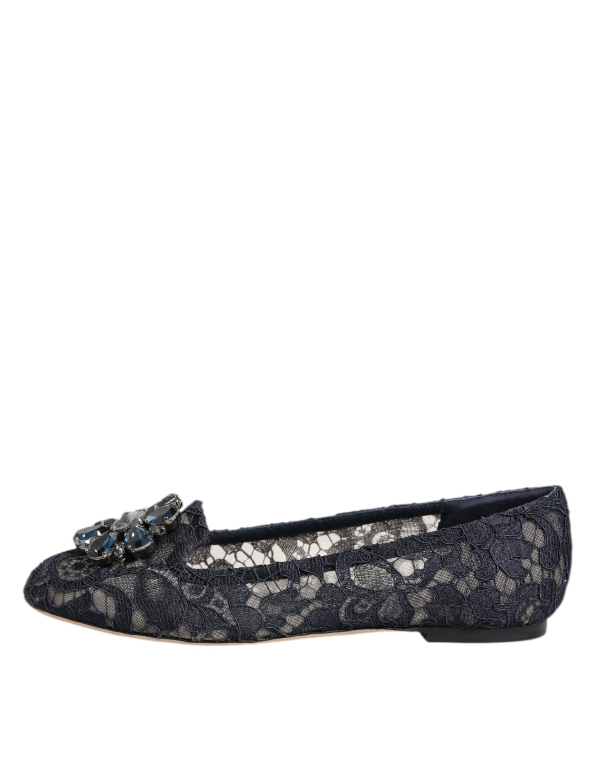 Dolce & Gabbana Blue Taormina Lace Crystals Flats Shoes - 5
