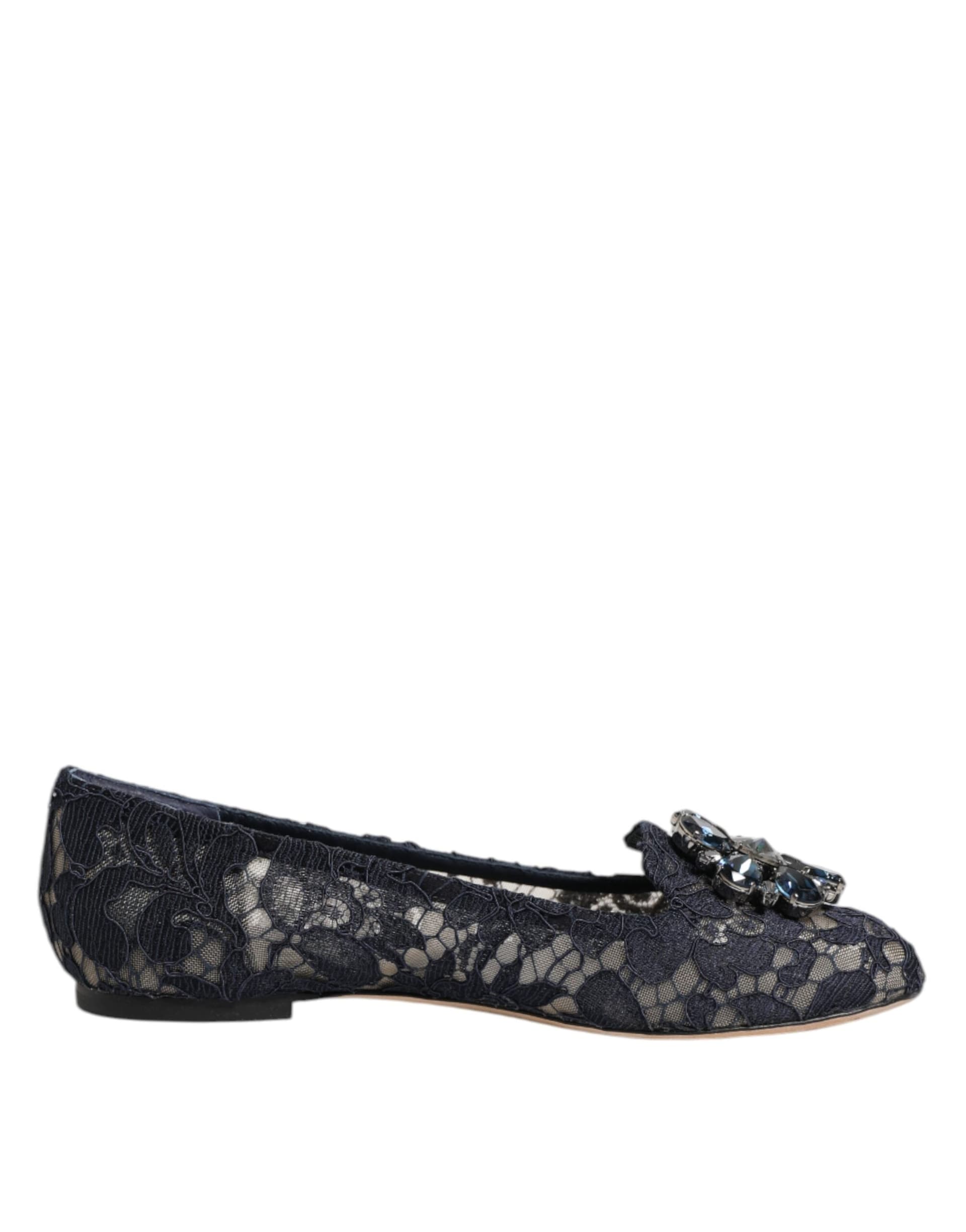 Dolce & Gabbana Blue Taormina Lace Crystals Flats Shoes - 6