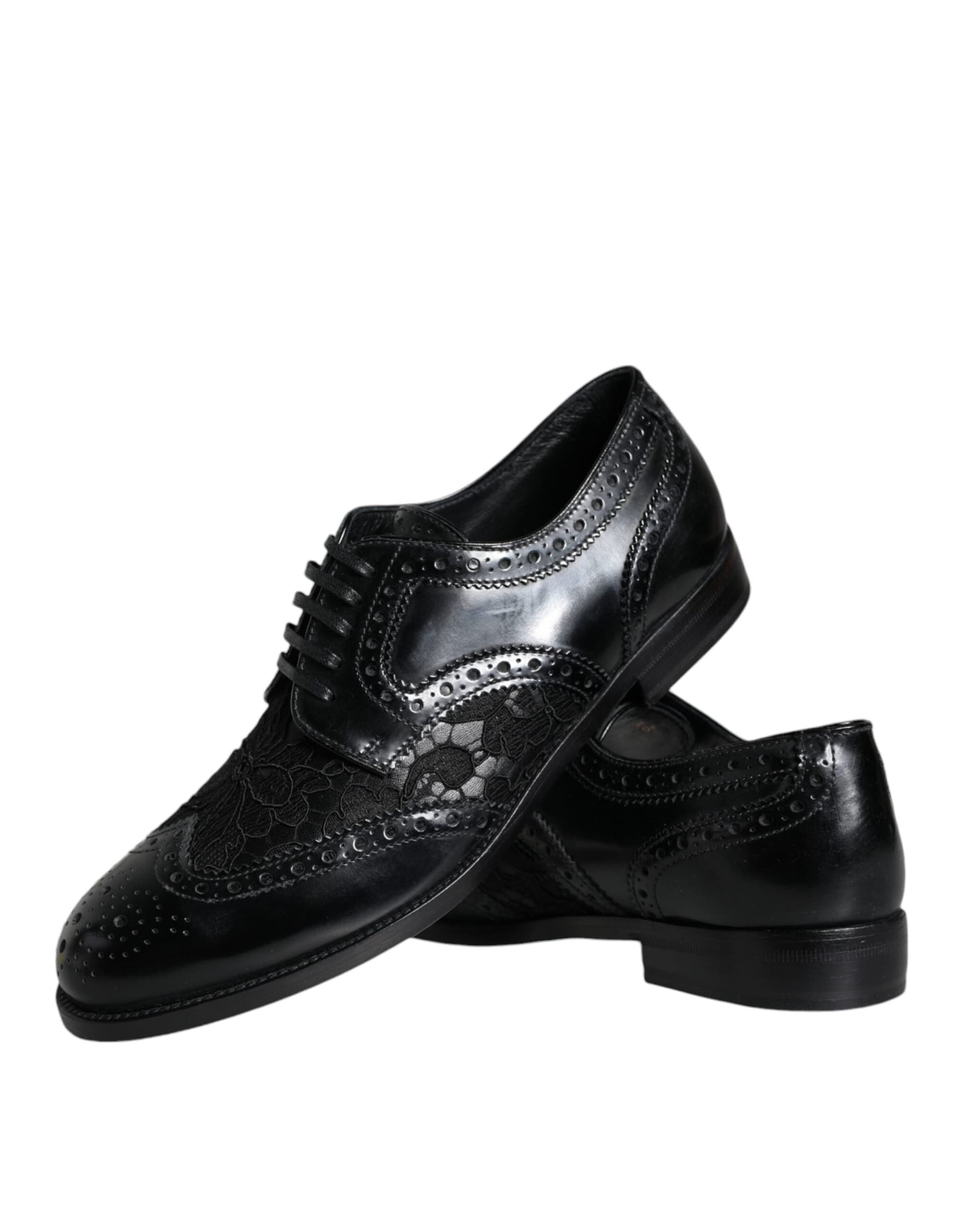 Dolce & Gabbana Black Leather Floral Lace Dress Formal Shoes - 7