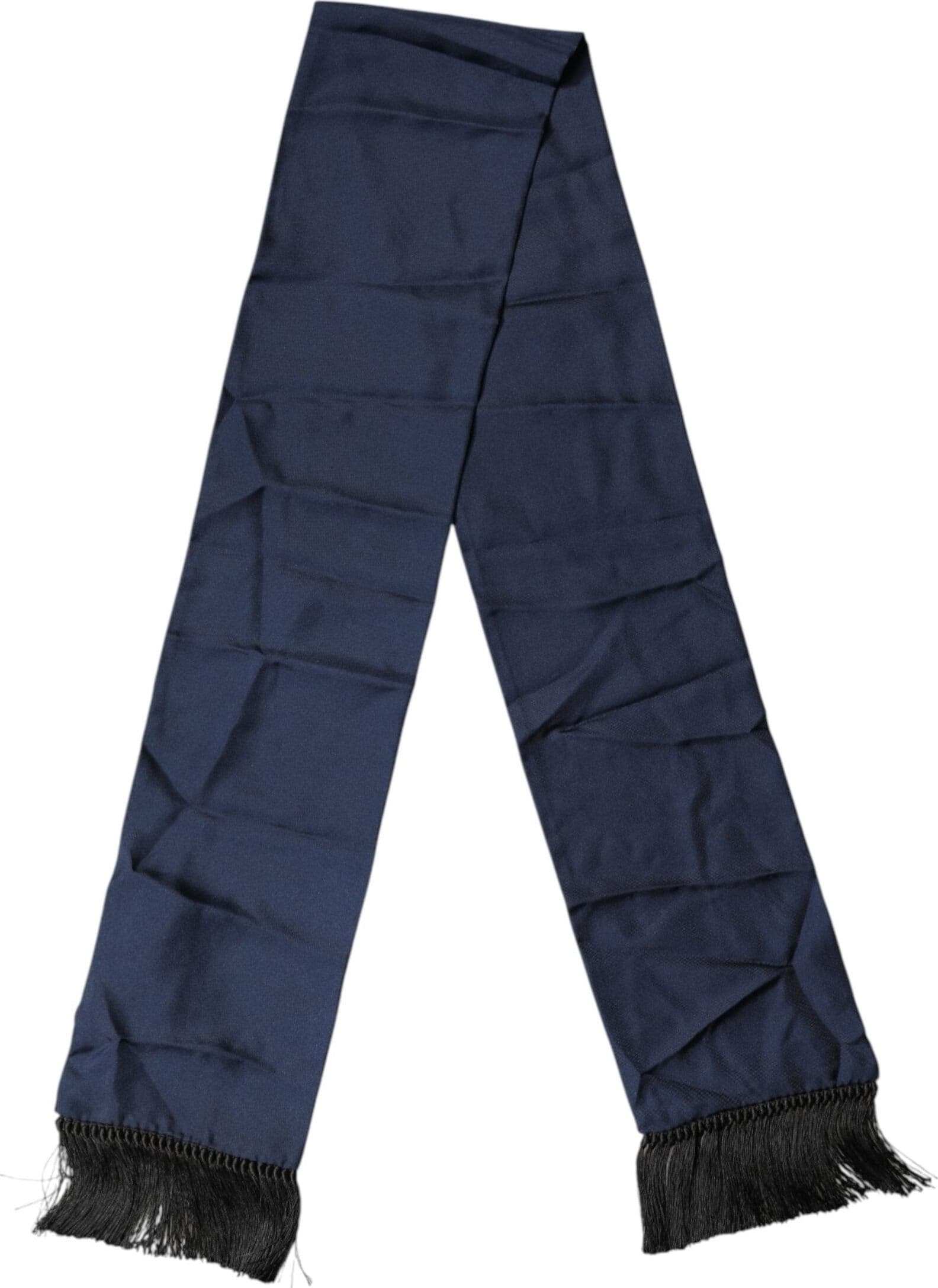 Dolce & Gabbana Navy Blue Silk Fringes Neck Foulard Scarf