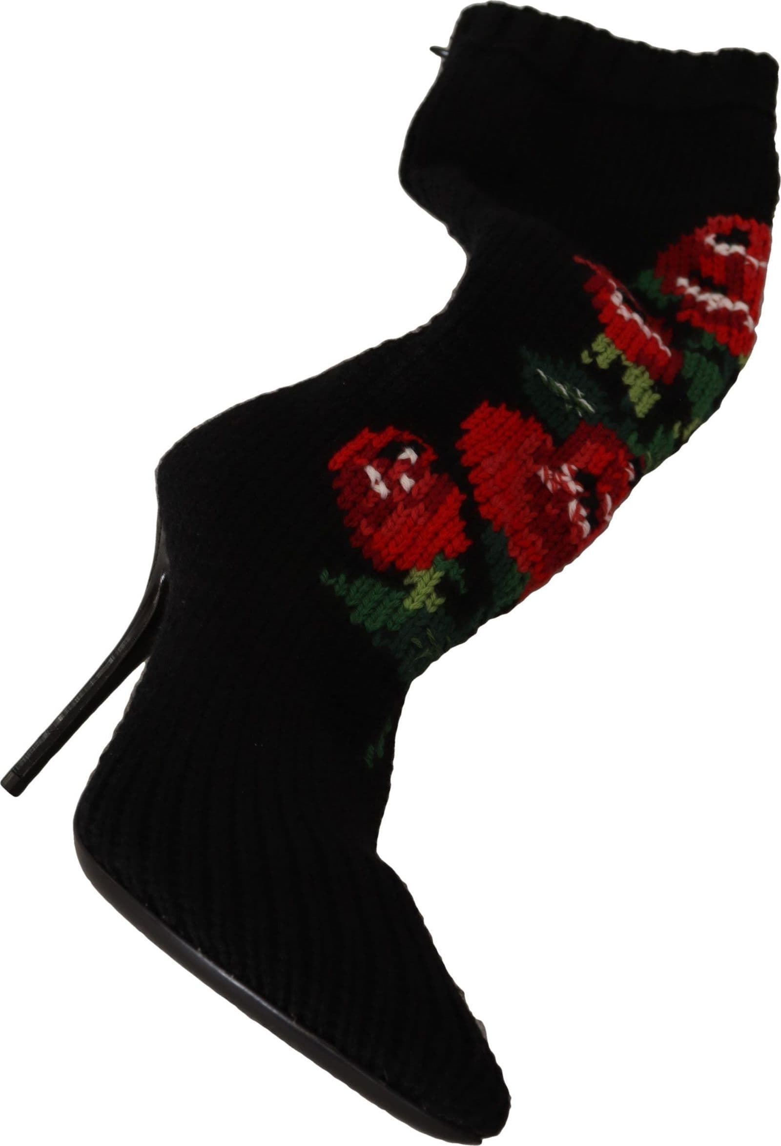 Dolce & Gabbana Black Stretch Socks Red Roses Booties Shoes - 7
