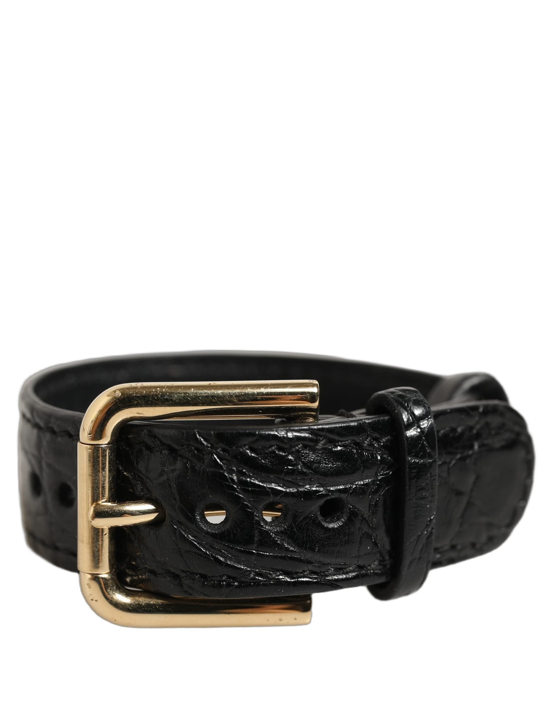 Dolce & Gabbana Black Textured Leather Gold Buckle Belt Strap Bracelet - 6