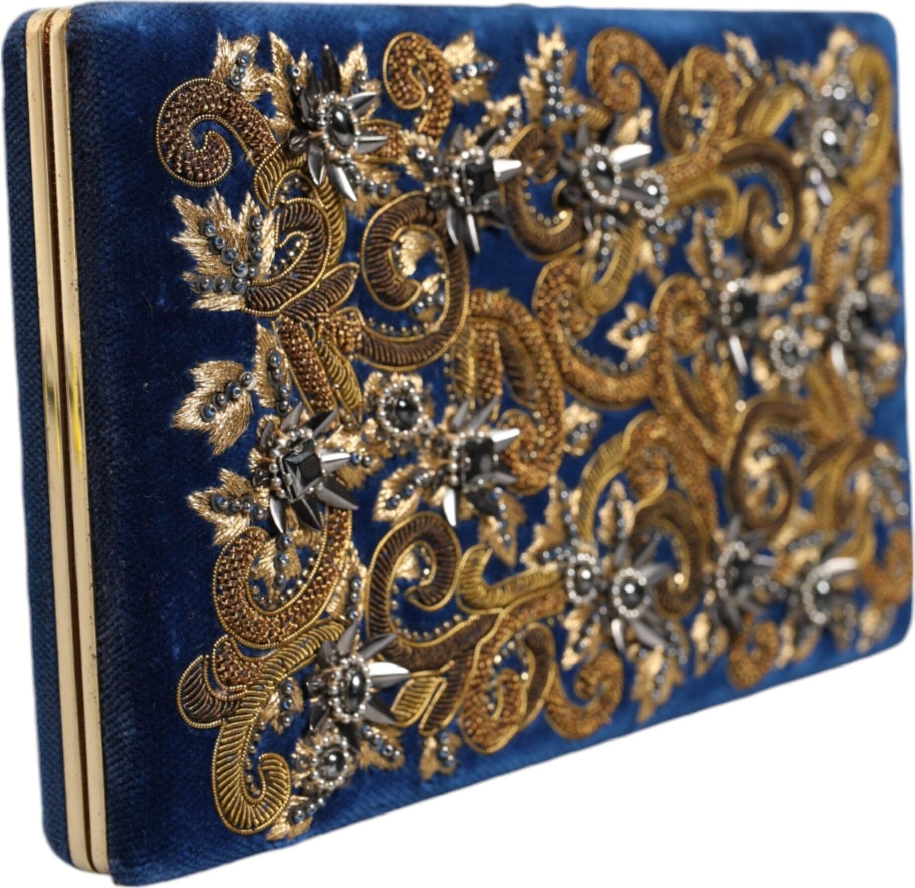 Dolce & Gabbana Blue Velvet Gold Frame Clutch Evening Party Purse Bag - 2