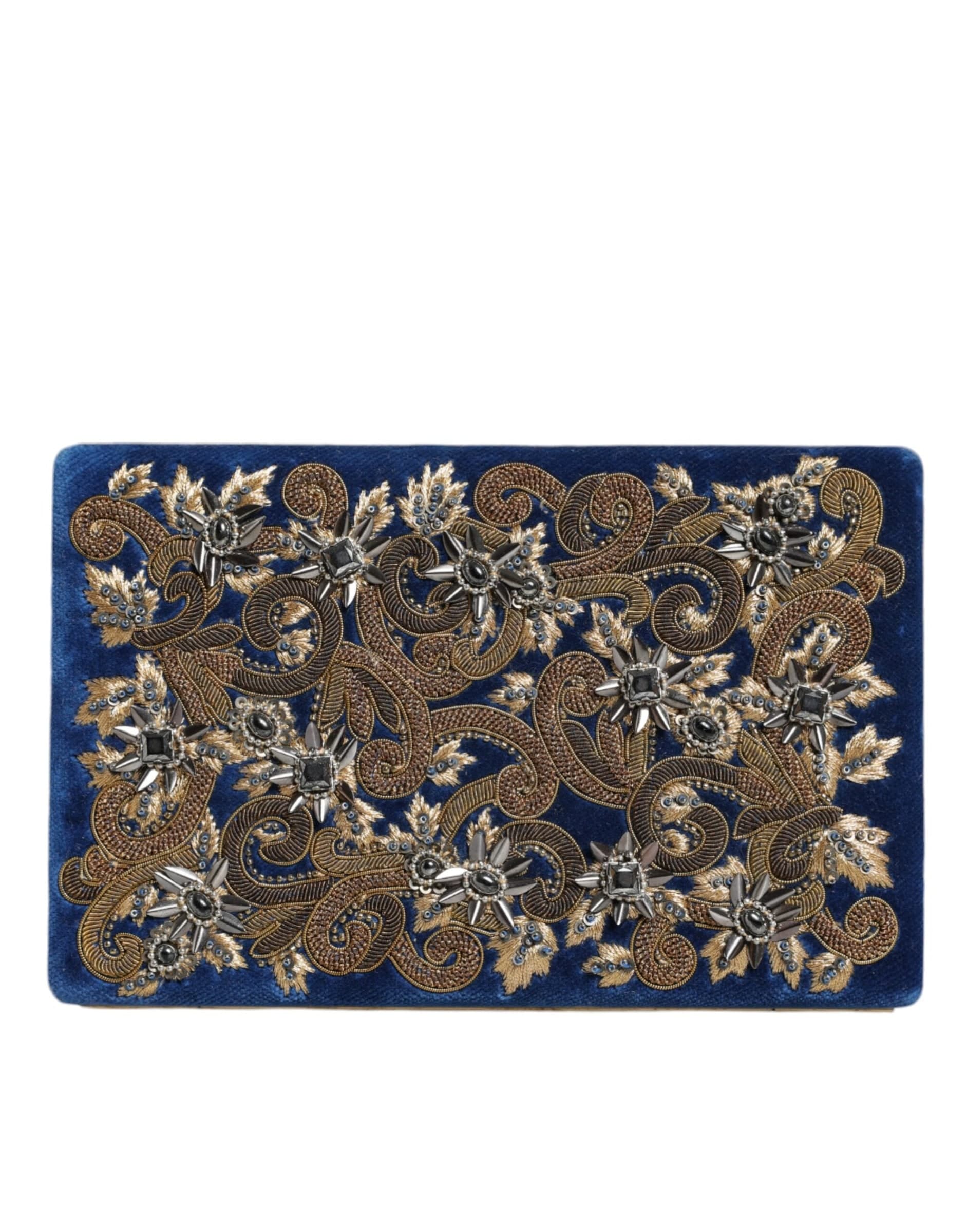 Dolce & Gabbana Blue Velvet Gold Frame Clutch Evening Party Purse Bag - 3