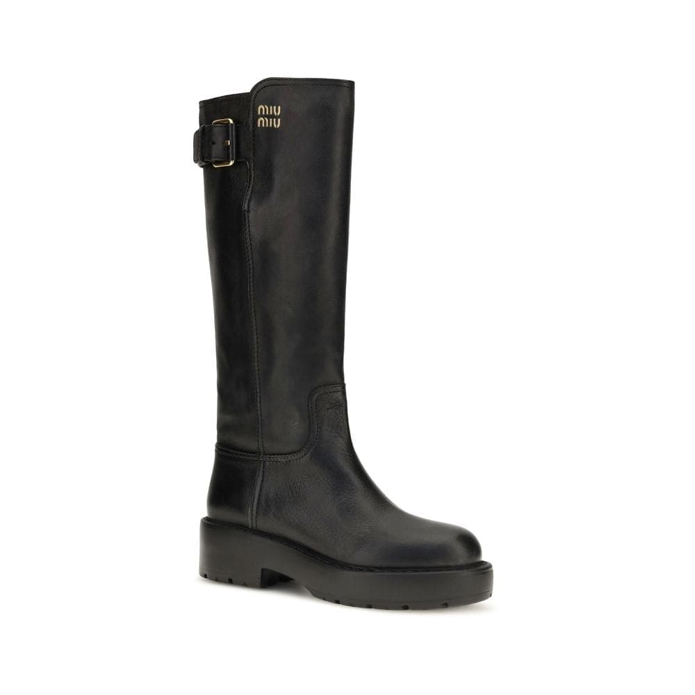 Miu Miu Black Calf Leather Bos Taurus Flat Boots - 2