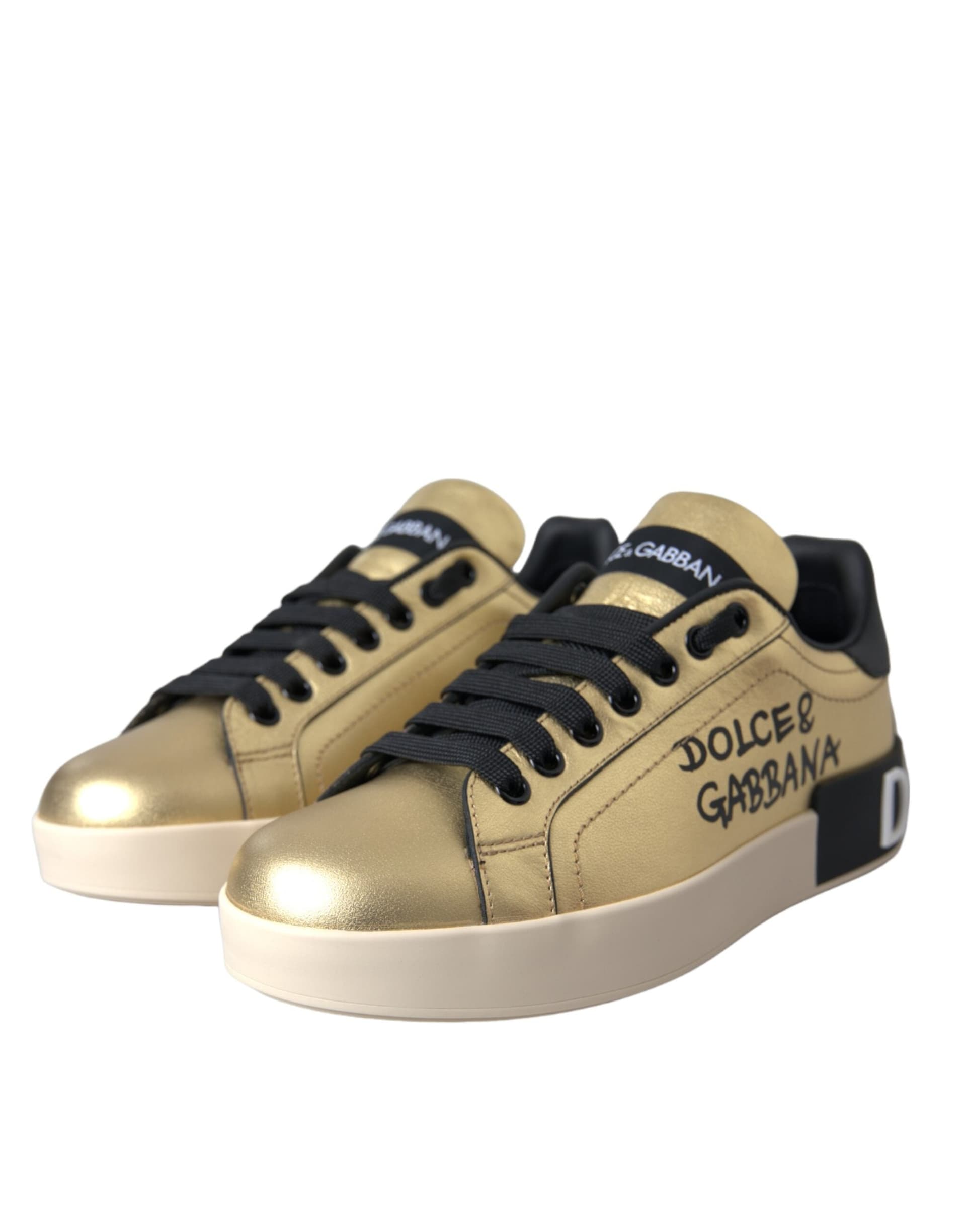 Dolce & Gabbana Gold Portofino Calf Leather Sneakers Women Shoes - 2