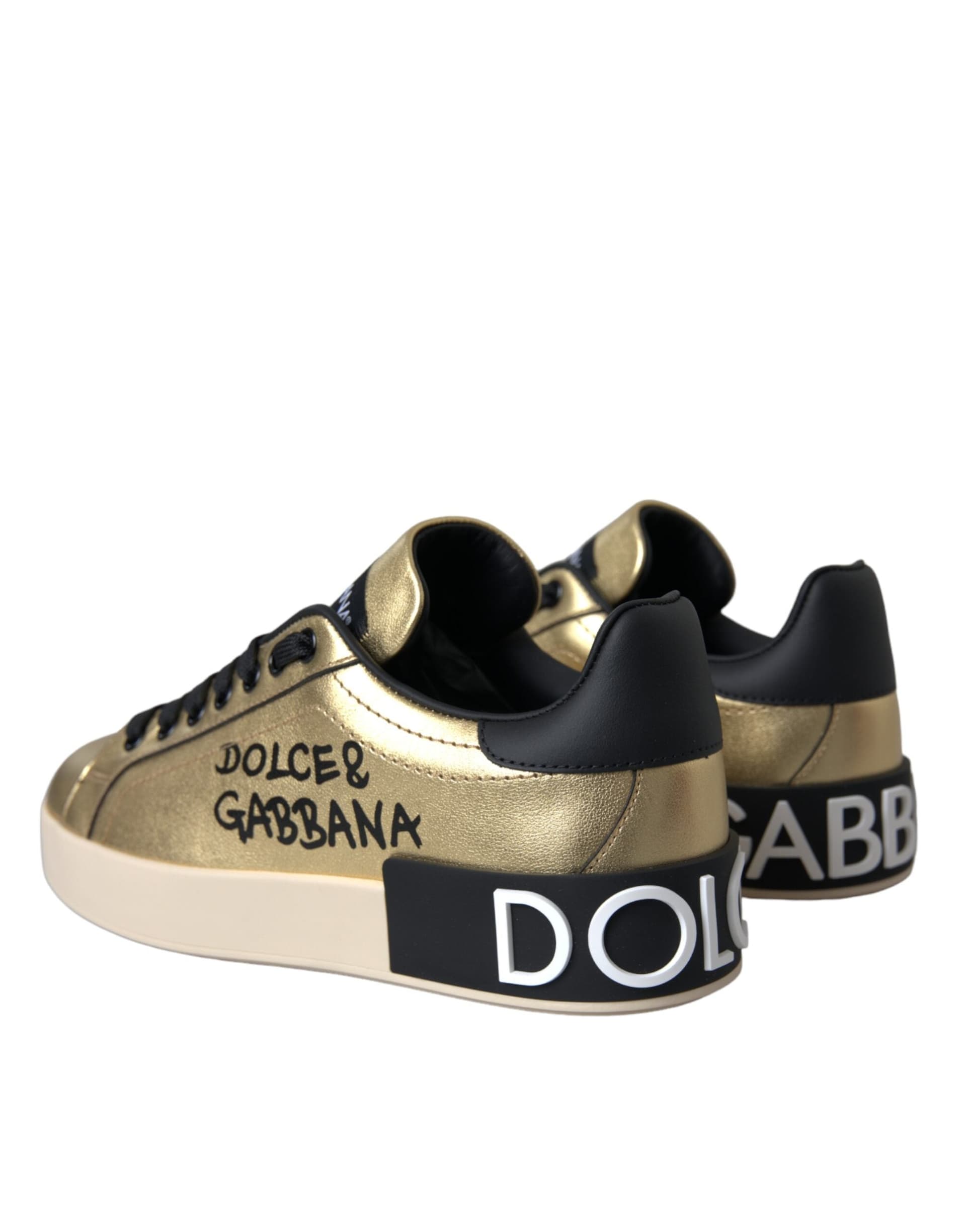 Dolce & Gabbana Gold Portofino Calf Leather Sneakers Women Shoes - 3