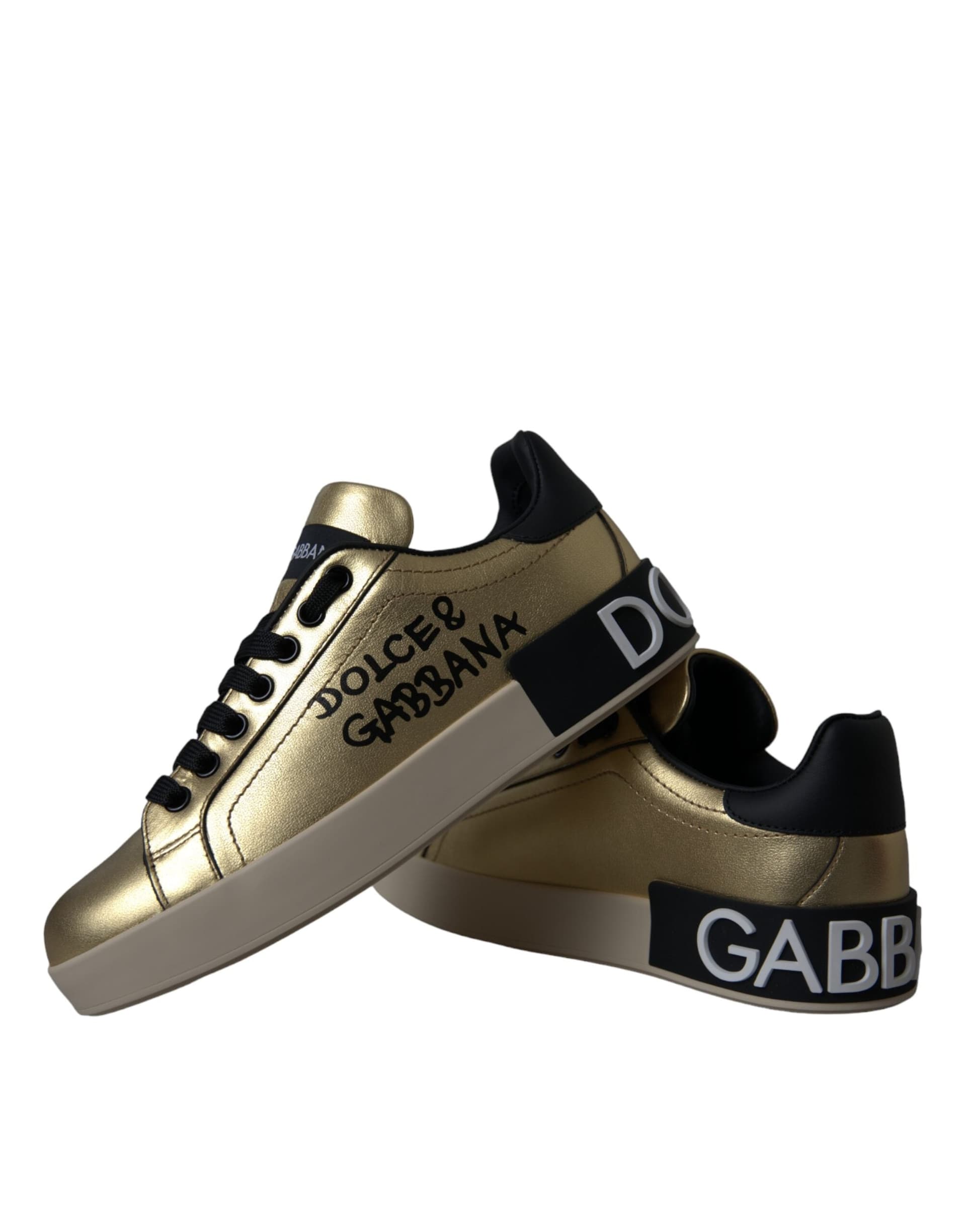 Dolce & Gabbana Gold Portofino Calf Leather Sneakers Women Shoes - 5
