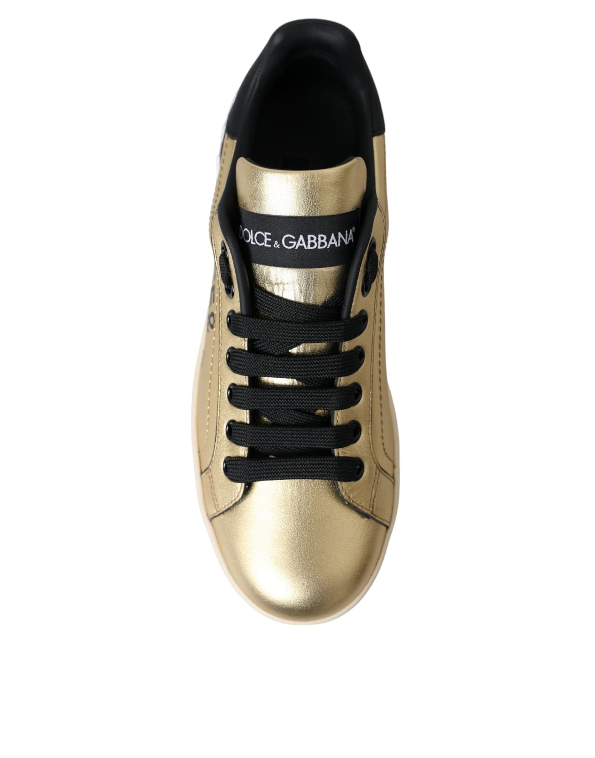 Dolce & Gabbana Gold Portofino Calf Leather Sneakers Women Shoes - 8