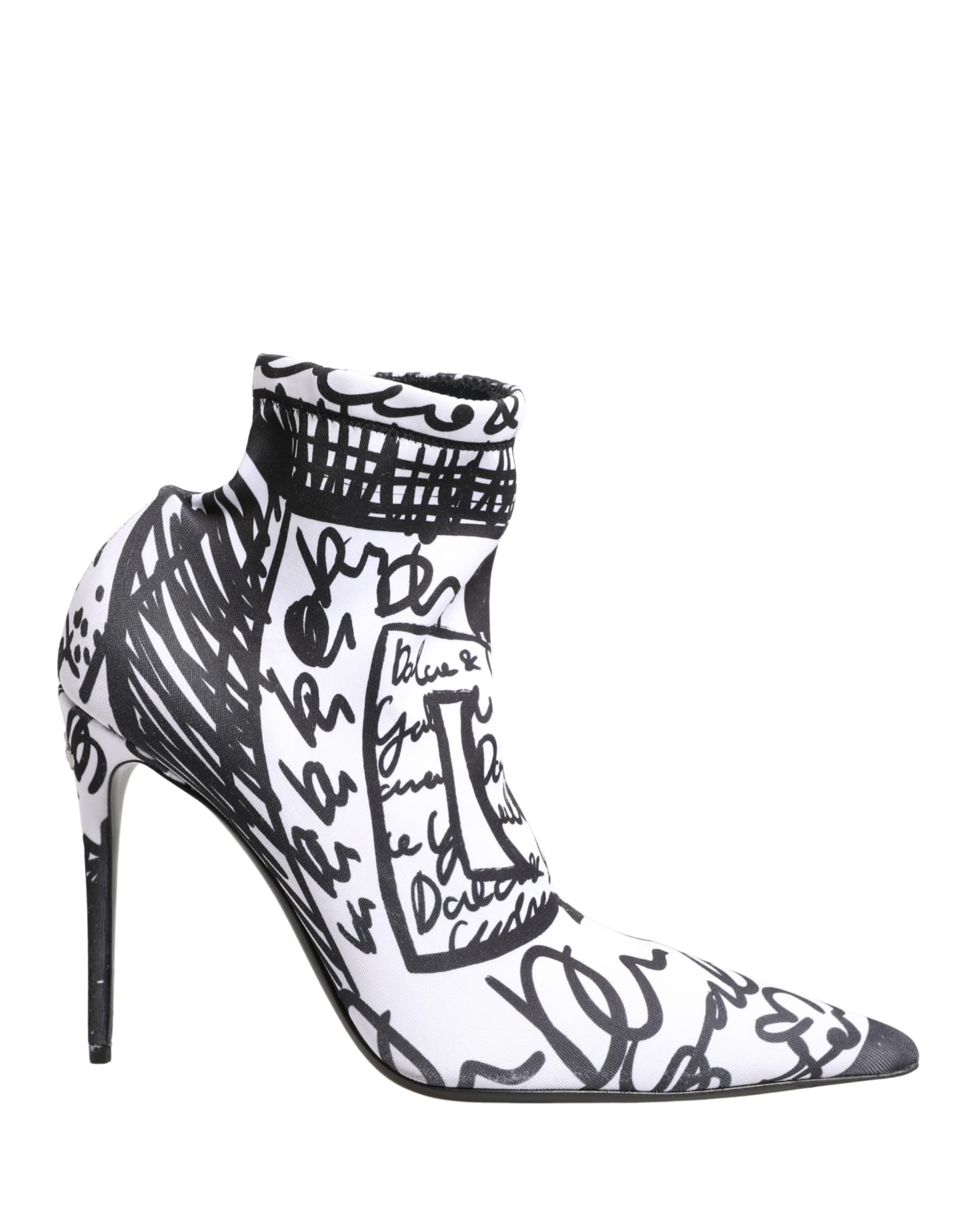 Dolce & Gabbana White Graffiti Stretch Ankle Boots Shoes - 3