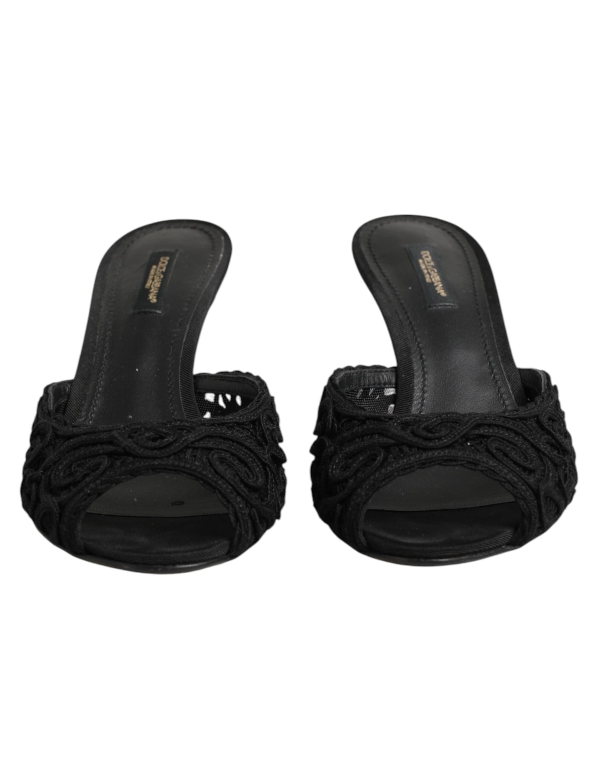 Dolce & Gabbana Black Embroidered Slip On Heels Slides Shoes - 2