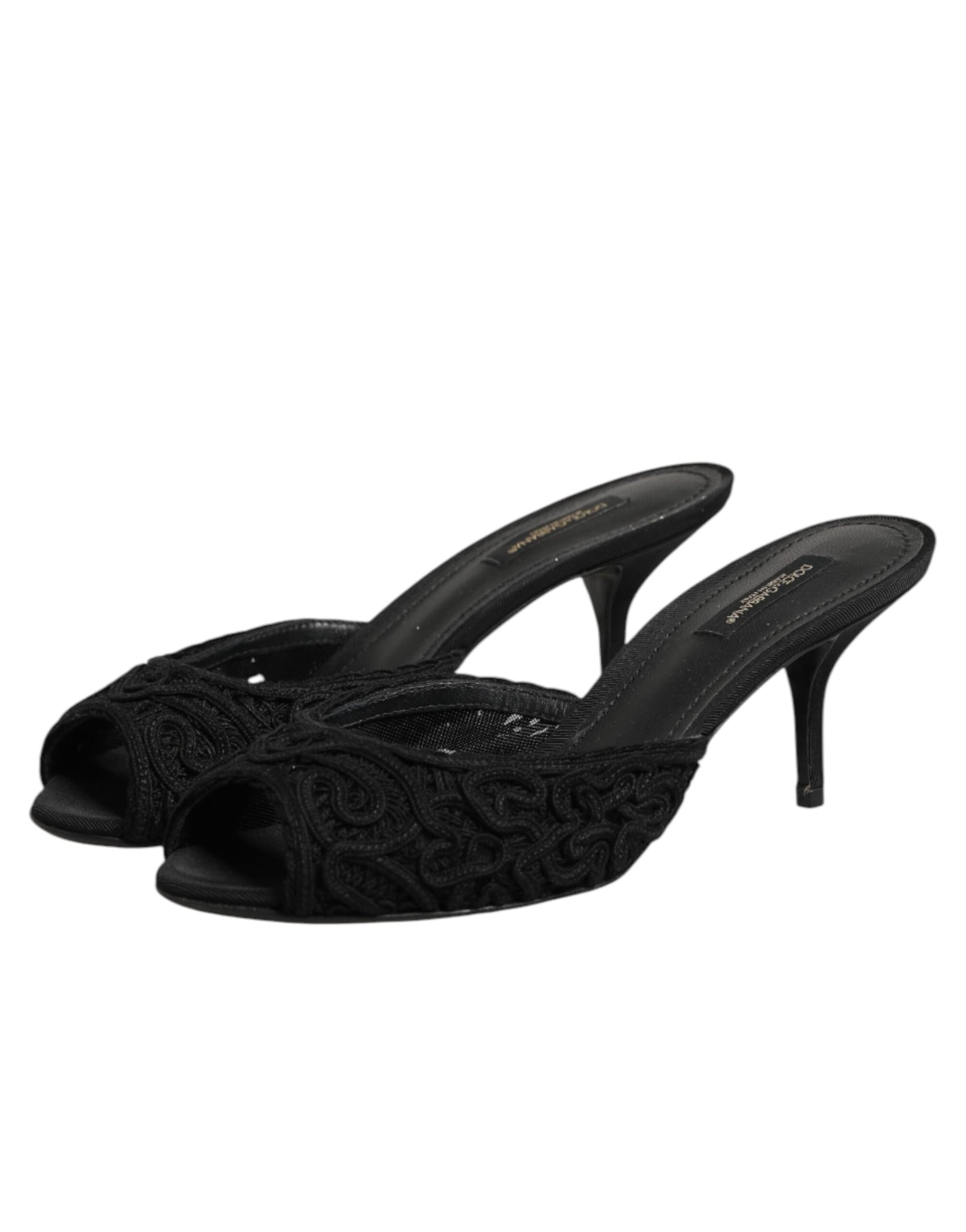 Dolce & Gabbana Black Embroidered Slip On Heels Slides Shoes - 3