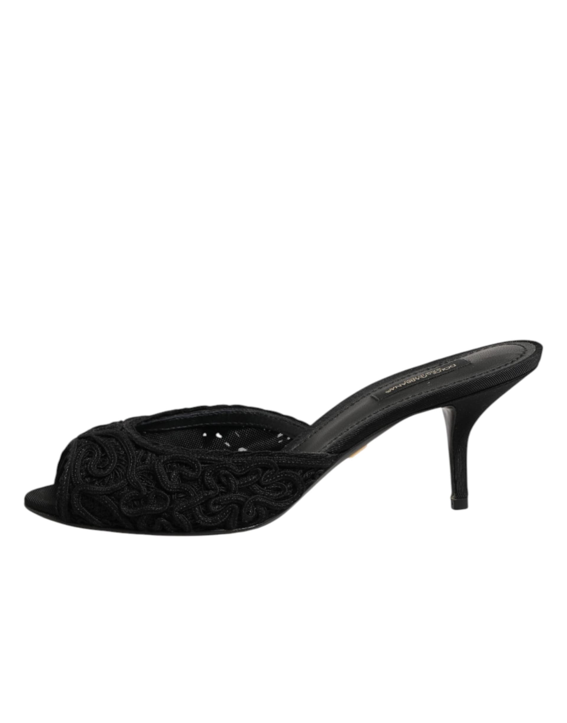 Dolce & Gabbana Black Embroidered Slip On Heels Slides Shoes - 5